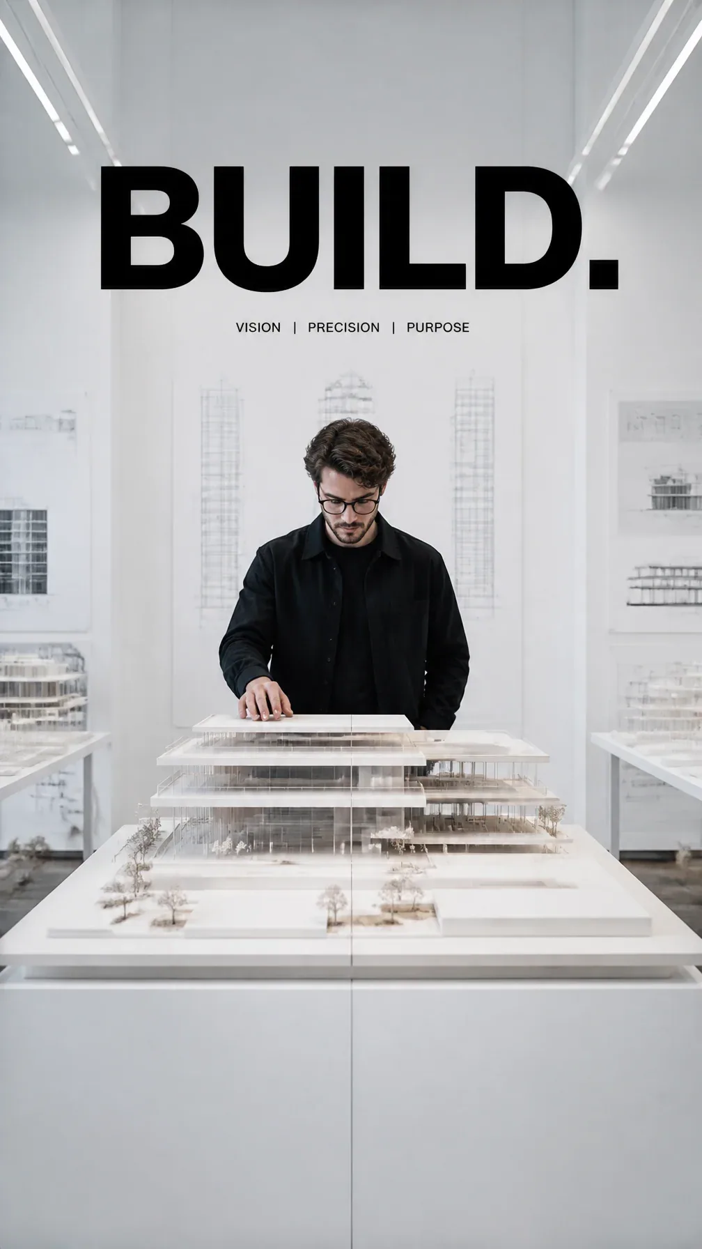 Premium editorial campaign. Main Subject: Young architect reviewing a large building model. Creative Directio… - AI提示词参考图，来自西西提示词