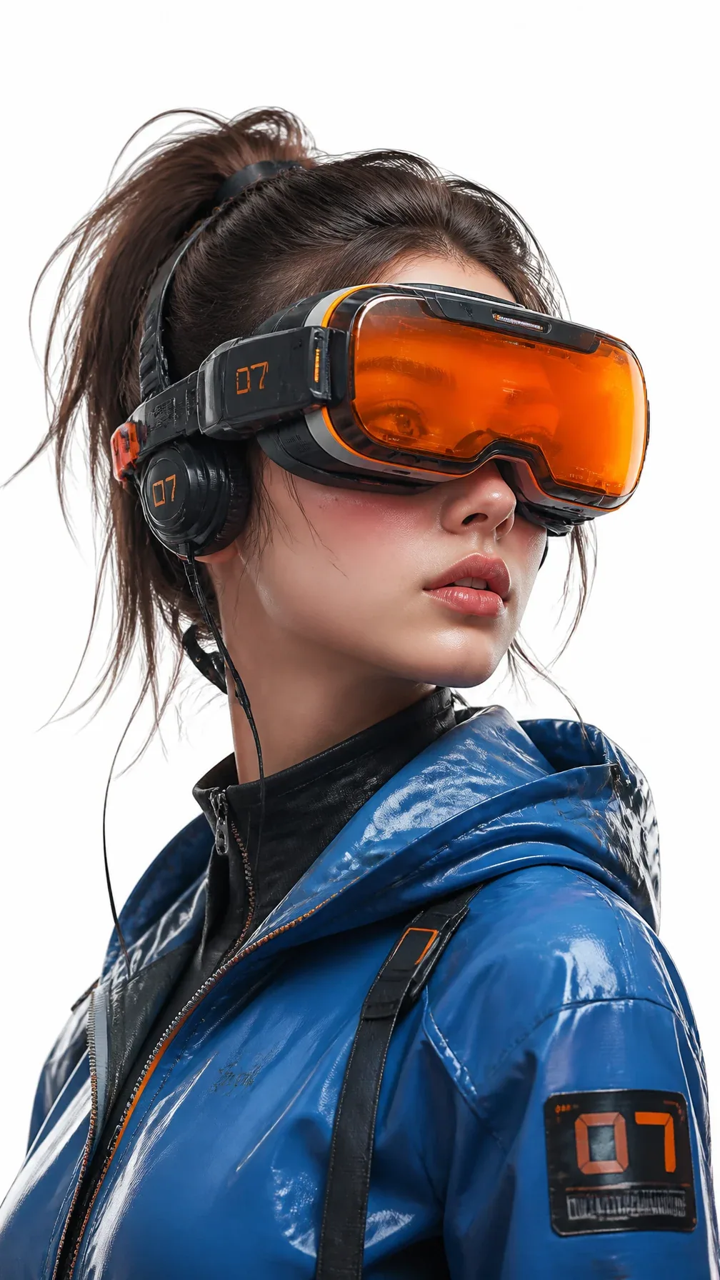 A young woman wearing orange virtual reality goggles and a futuristic VR headset, cyberpunk, science fiction,… - AI提示词参考图，来自西西提示词