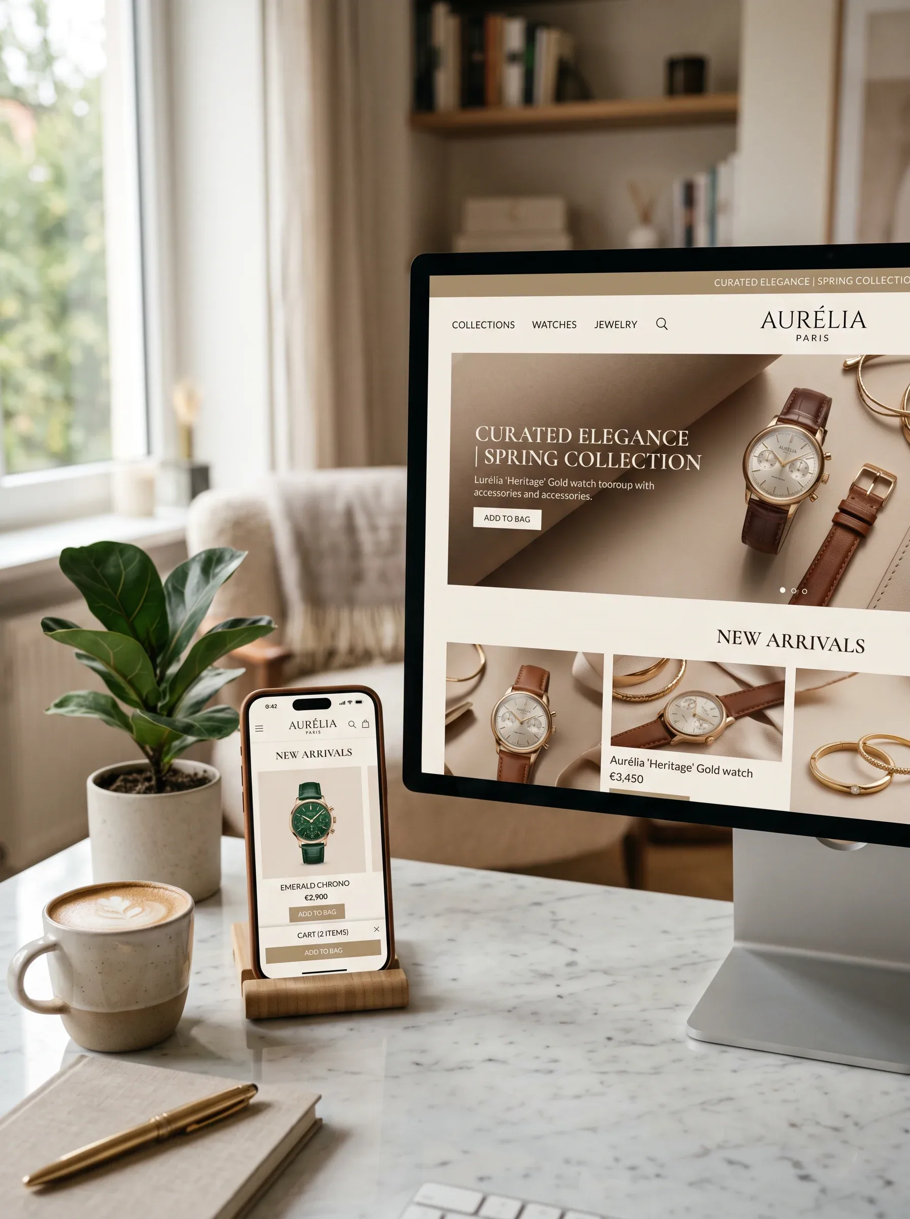 A lifestyle product mockup showing an iPhone and a desktop monitor side by side on a clean white marble desk,… - AI提示词参考图，来自西西提示词