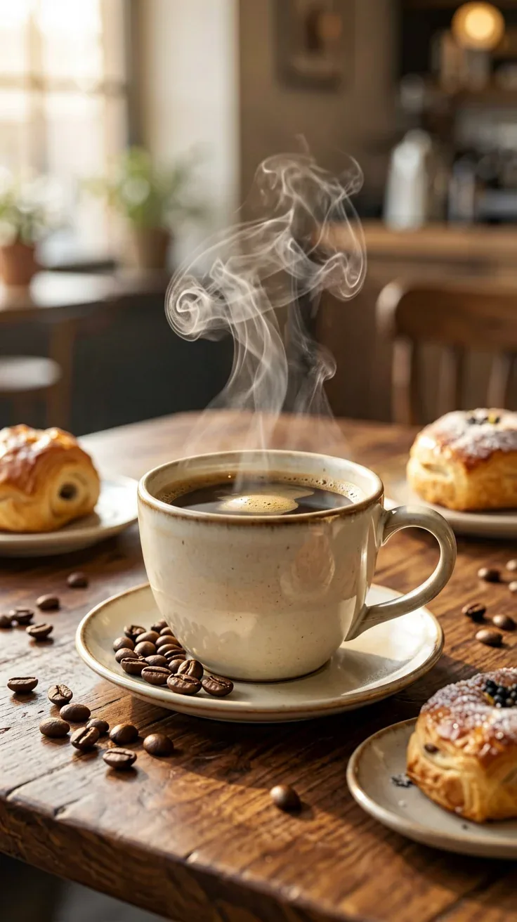 Ultra realistic premium coffee advertisement photography. A beautiful ceramic coffee cup on a luxury wooden t… - AI prompt reference from CC Prompt Galaxy