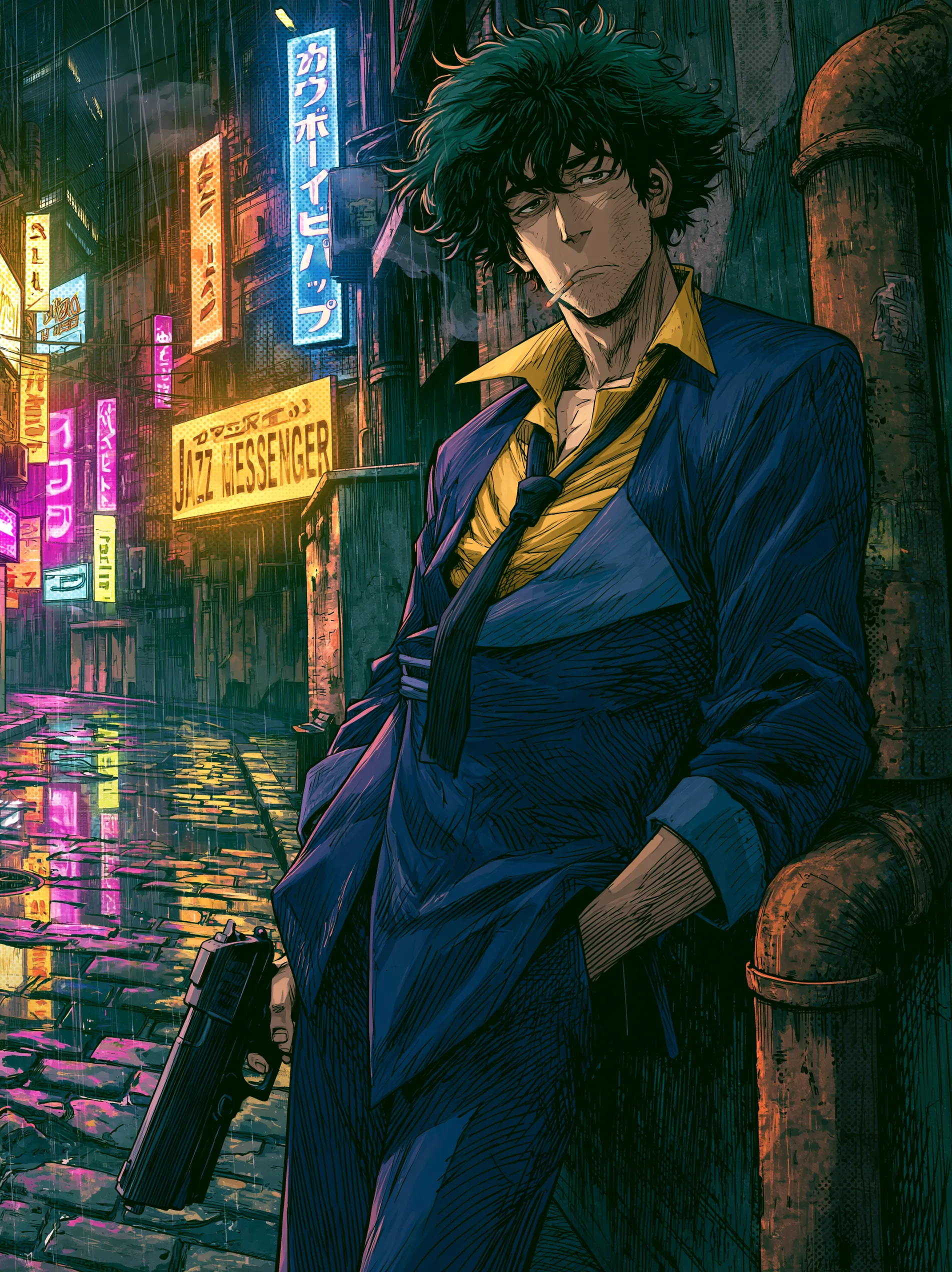 Spike Spiegel from Cowboy Bebop, standing and leaning against a rusty pipe in a gritty, wet cyberpunk alleywa… - AI prompt reference from CC Prompt Galaxy