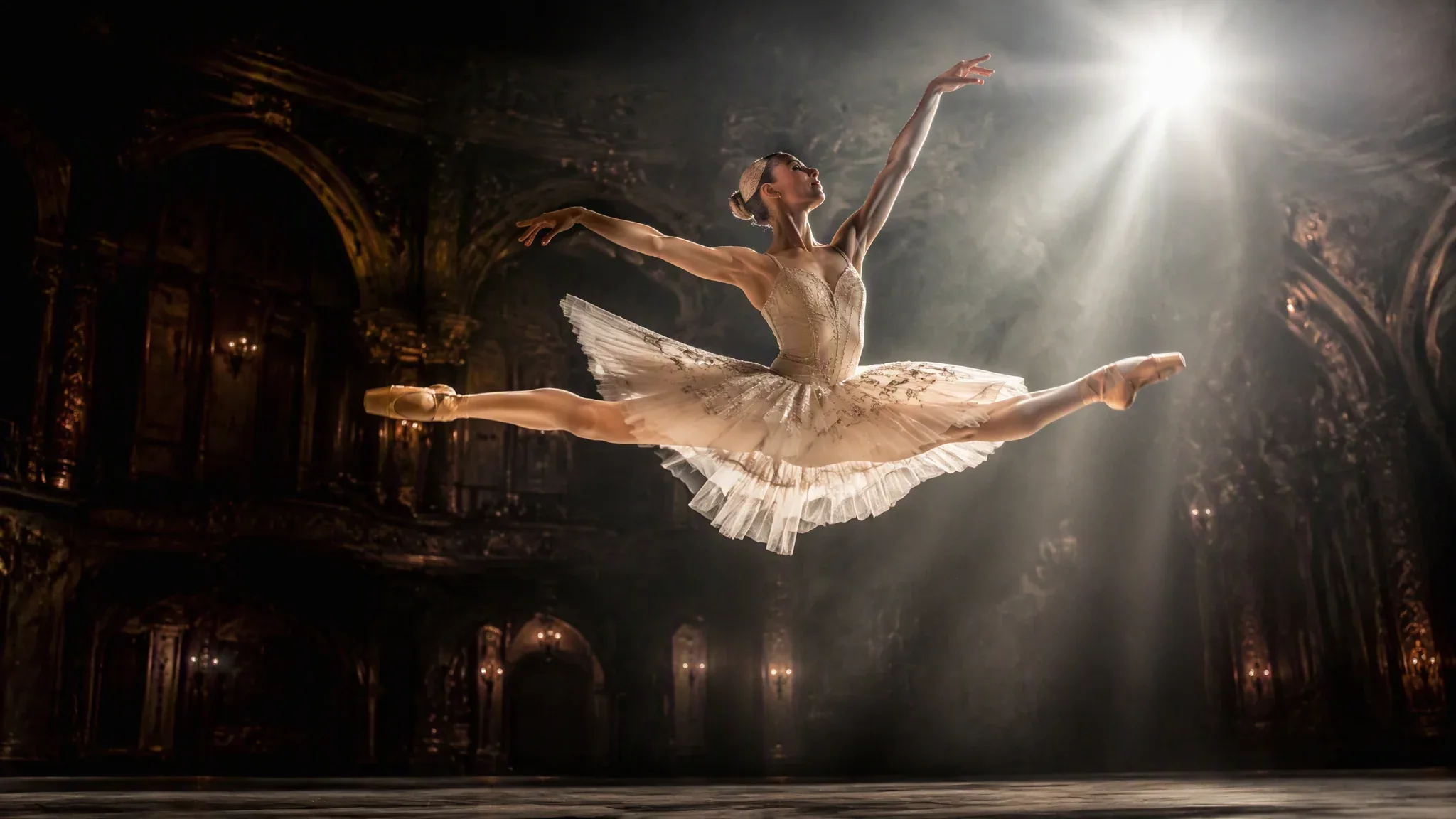 Subject and action A professional ballet dancer captured at the apex of a grand jete, body suspended in mid-a… - AI prompt reference from CC Prompt Galaxy