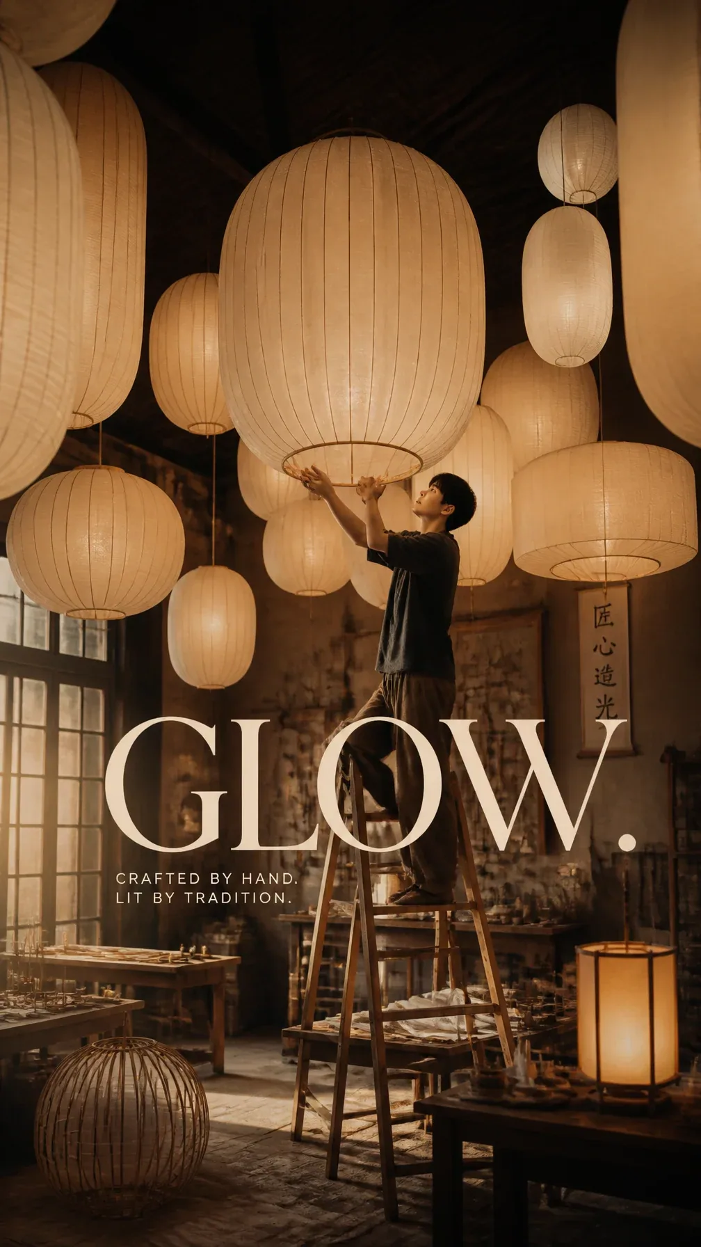 Premium editorial campaign.Main Subject: Young lantern maker inside a handcrafted paper lantern studio.Creati… - AI提示词参考图，来自西西提示词