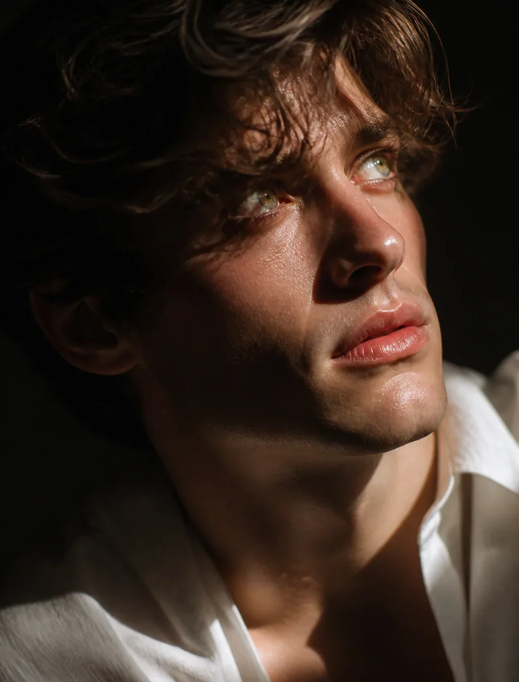 Hyper-realistic cinematic. Create an 8K close-up portrait of a handsome young man with medium-length, brown, … - AI提示词参考图，来自西西提示词
