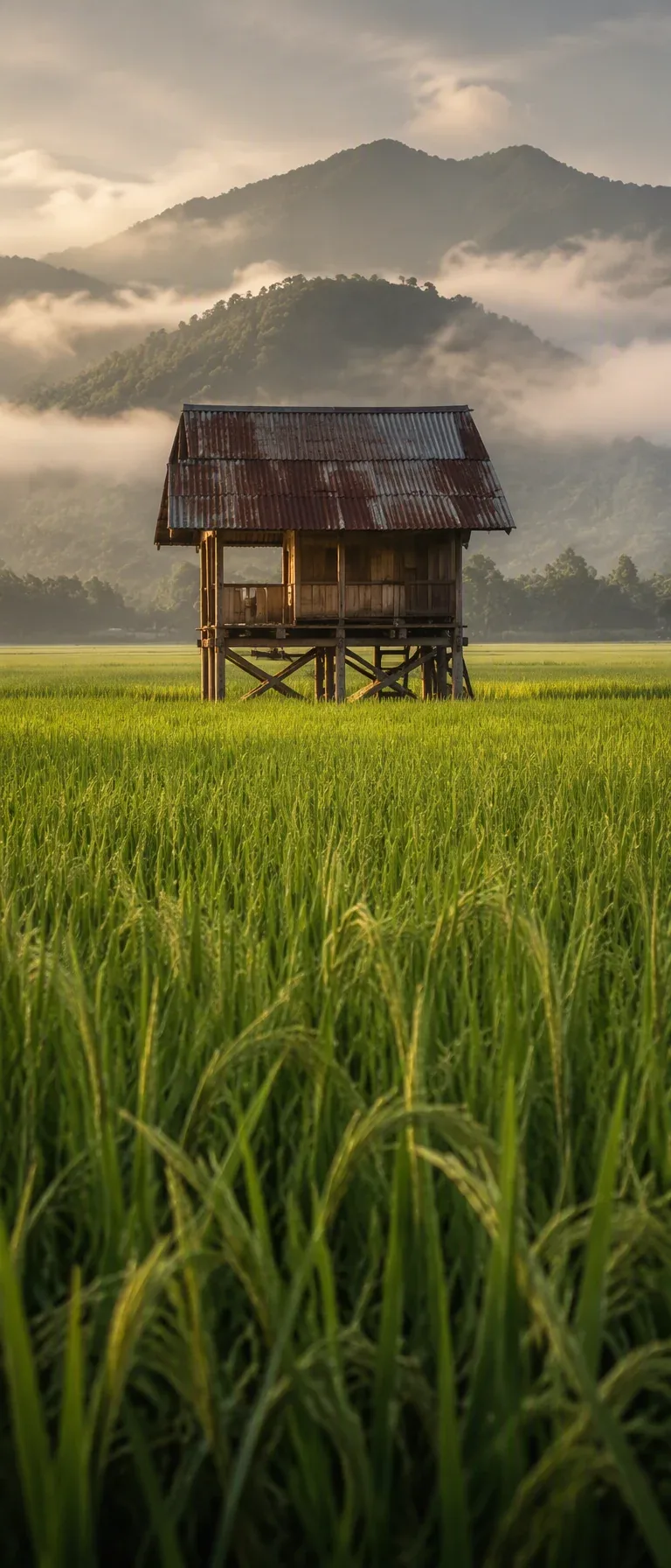 Subject and action A rustic, weathered wooden stilt hut featuring a corroded corrugated metal roof, elevated … - AI prompt reference from CC Prompt Galaxy