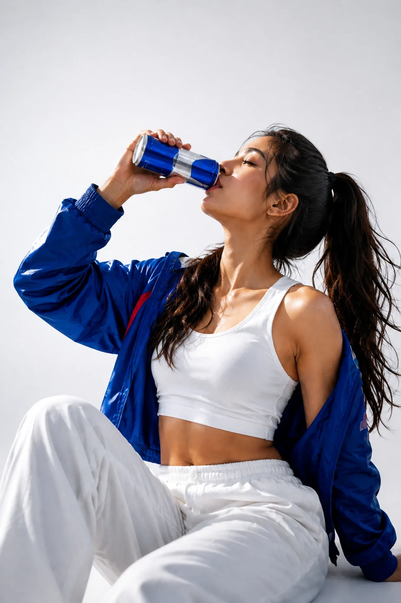 Subject & action A stylish young woman in a dynamic, energetic pose, holding and drinking a can of Red Bull. … - AI prompt reference from CC Prompt Galaxy