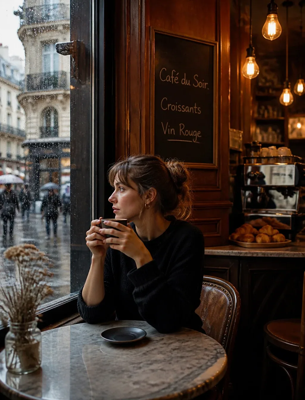 Cinematic photo of a young woman sitting alone in a cozy Parisian café on a rainy day, holding a cup of coffe… - AI提示词参考图，来自西西提示词