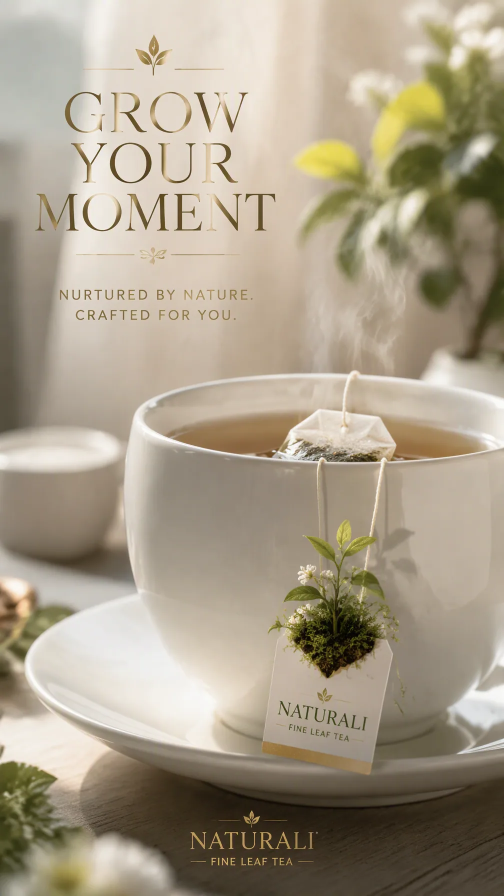 Premium 4:5 advertising poster for a premium tea brand.A single tea bag resting on a white ceramic cup, with … - AI提示词参考图，来自西西提示词