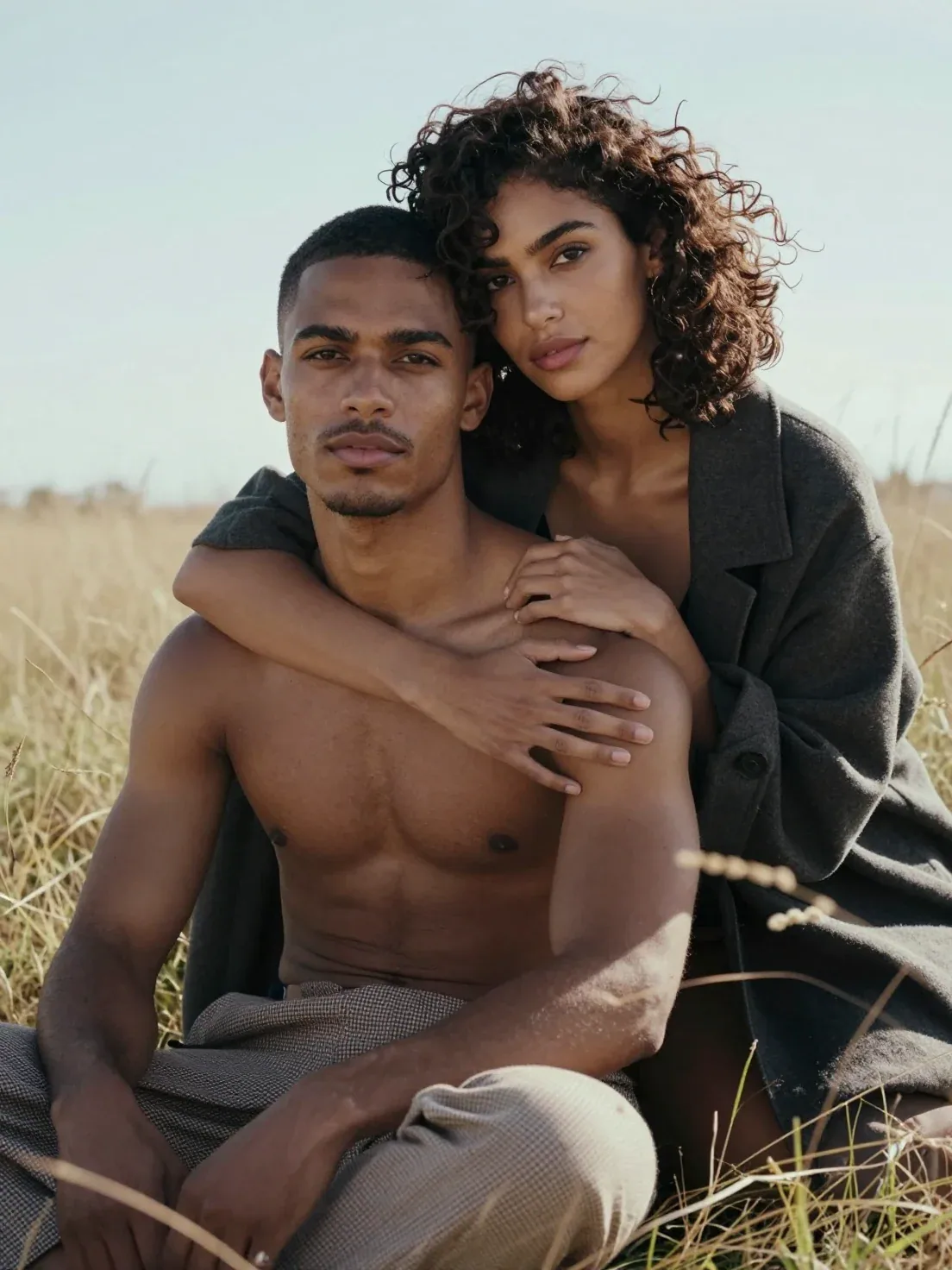 Create a vertical 3:4 ultra-realistic intimate lifestyle portrait of a young adult couple seated closely toge… - AI提示词参考图，来自西西提示词