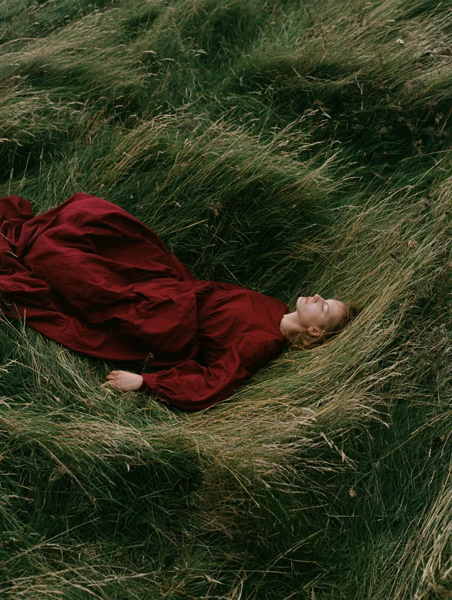 Candid documentary hero shot, high aerial-leaning angle of a woman lying still on her back in the centre of a… - AI提示词参考图，来自西西提示词