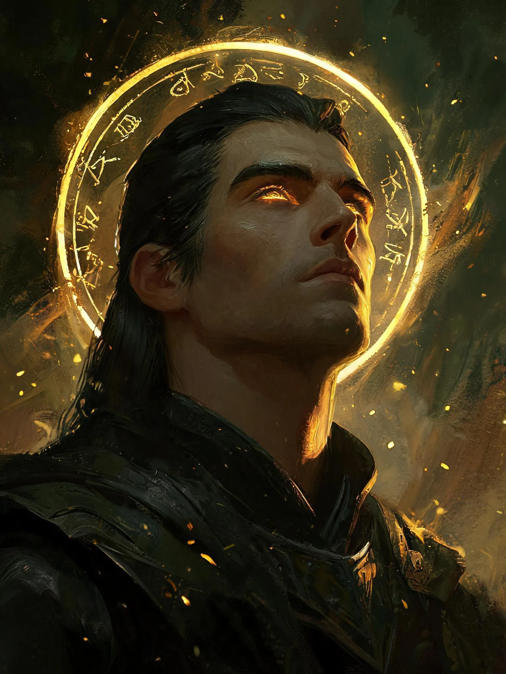 Expressive dark fantasy portrait of a mystic warrior with a contemplative upward gaze, head tilted in solemn … - AI prompt reference from CC Prompt Galaxy