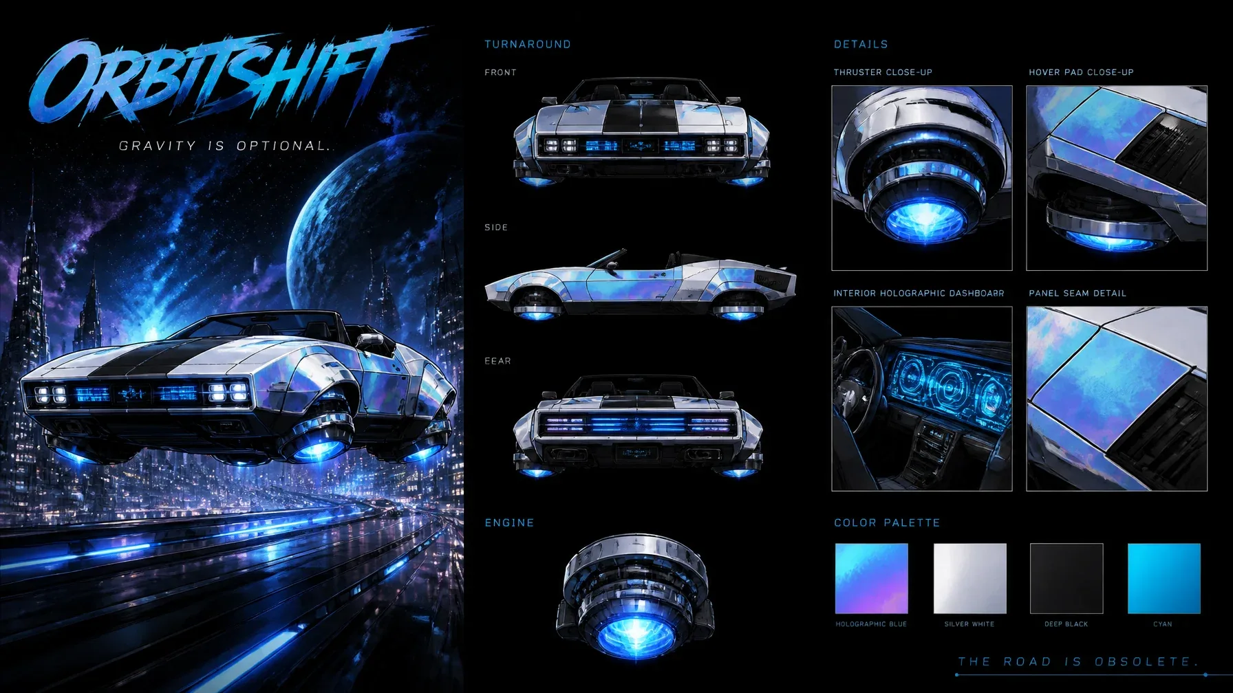 Create a premium cinematic vehicle bible sheet for a hovering sci-fi car named ORBITSHIFT. Use the uploaded r… - AI prompt reference from CC Prompt Galaxy