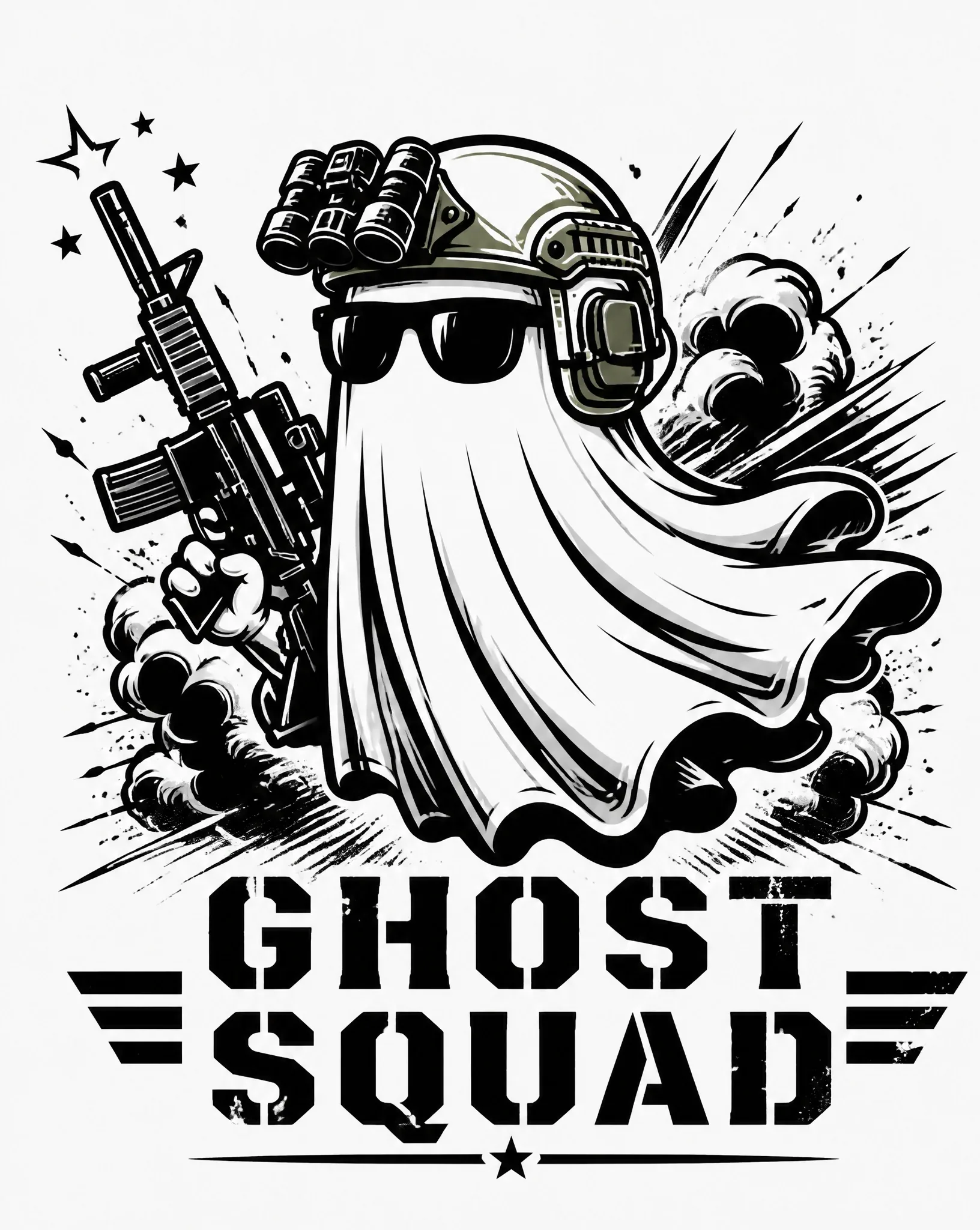 "A bold badass cartoon-style ghost illustration for t-shirt design, black and white high-contrast vector art … - AI prompt reference from CC Prompt Galaxy