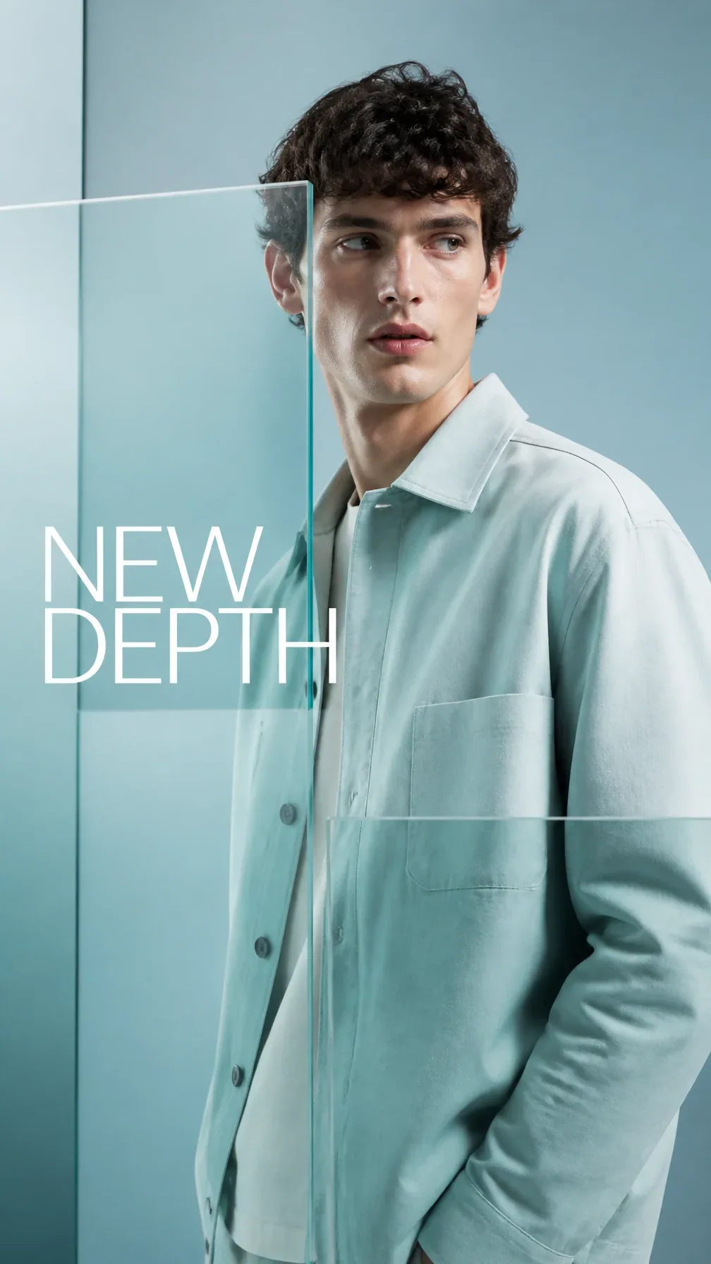 Premium fashion campaign. Main Subject: Young male model wearing a pale cyan overshirt. Creative Direction: T… - AI提示词参考图，来自西西提示词