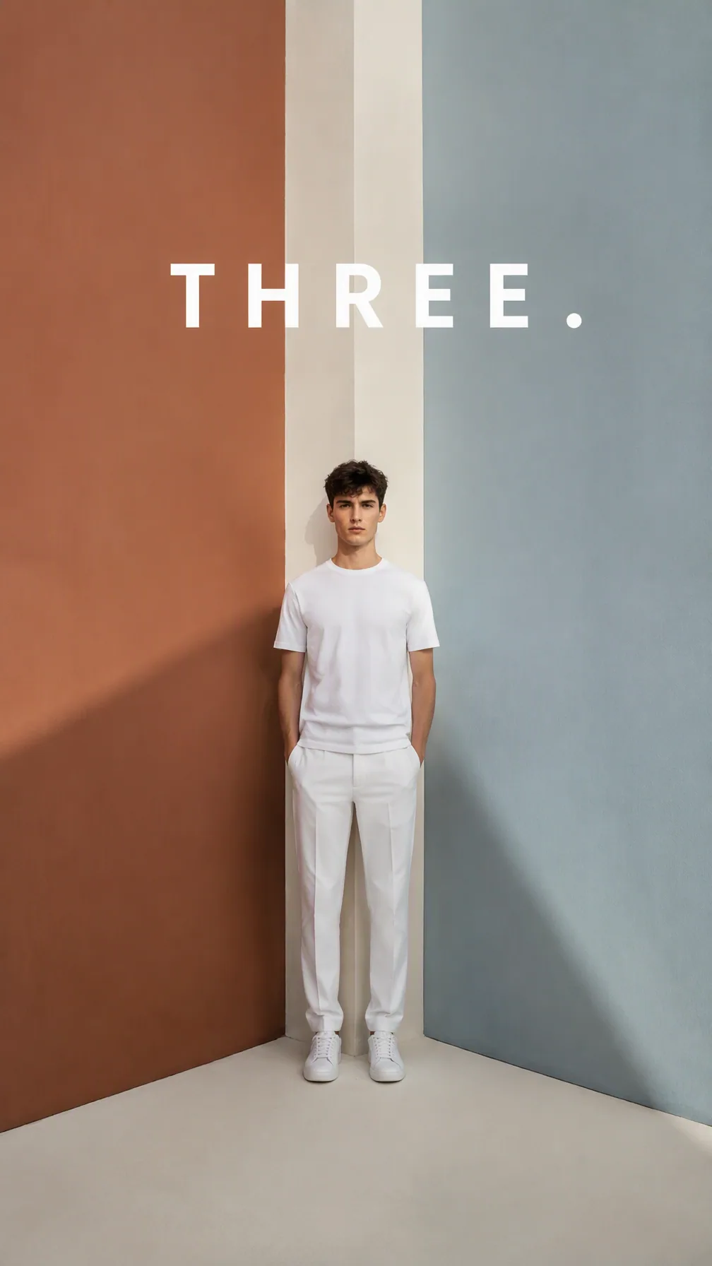 Create a premium 9:16 conceptual editorial portrait.Main Subject: Young male model wearing a simple white out… - AI prompt reference from CC Prompt Galaxy