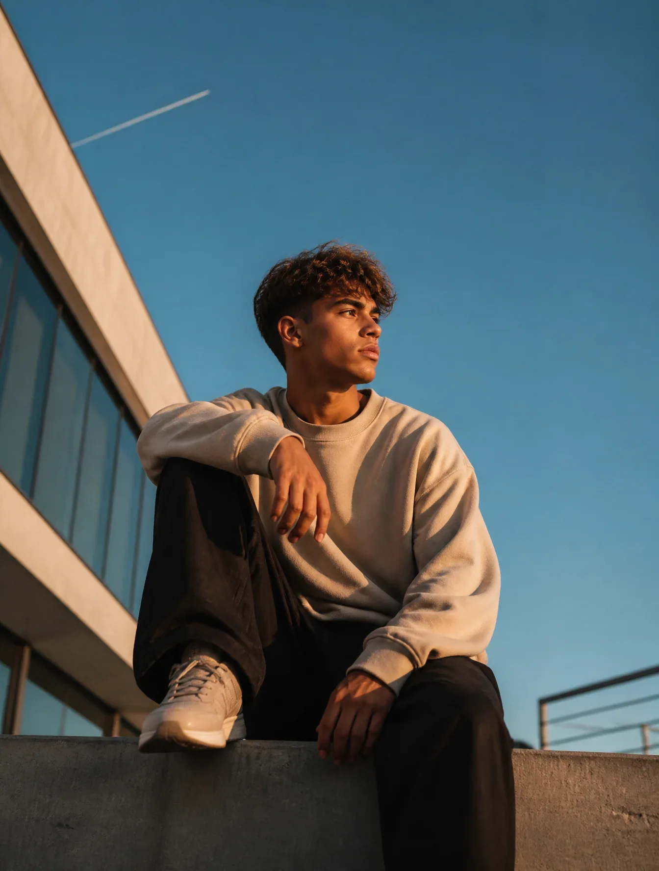 Create a cinematic lifestyle portrait of a stylish lamine yama sitting casually on the edge of a modern concr… - AI提示词参考图,来自西西提示词
