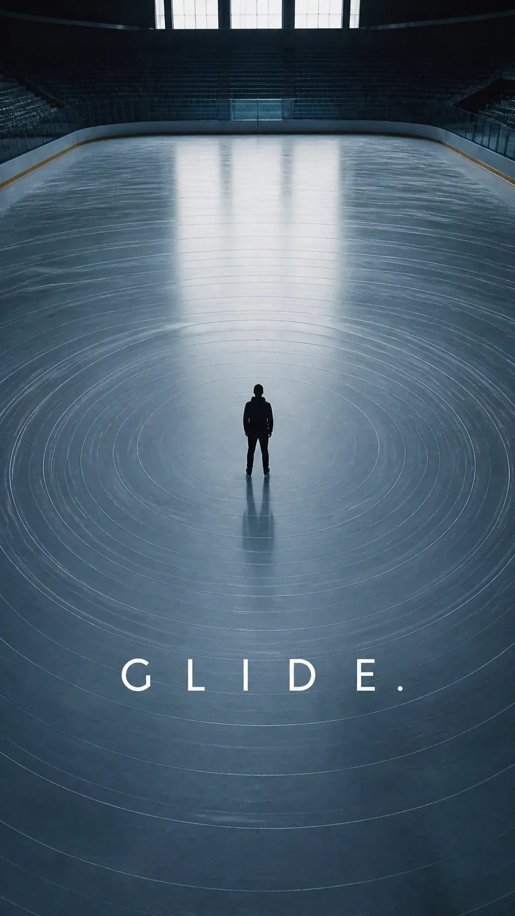 Premium editorial campaign. Main Subject: Young man standing inside an enormous empty ice rink. Creative Dire… - AI提示词参考图，来自西西提示词