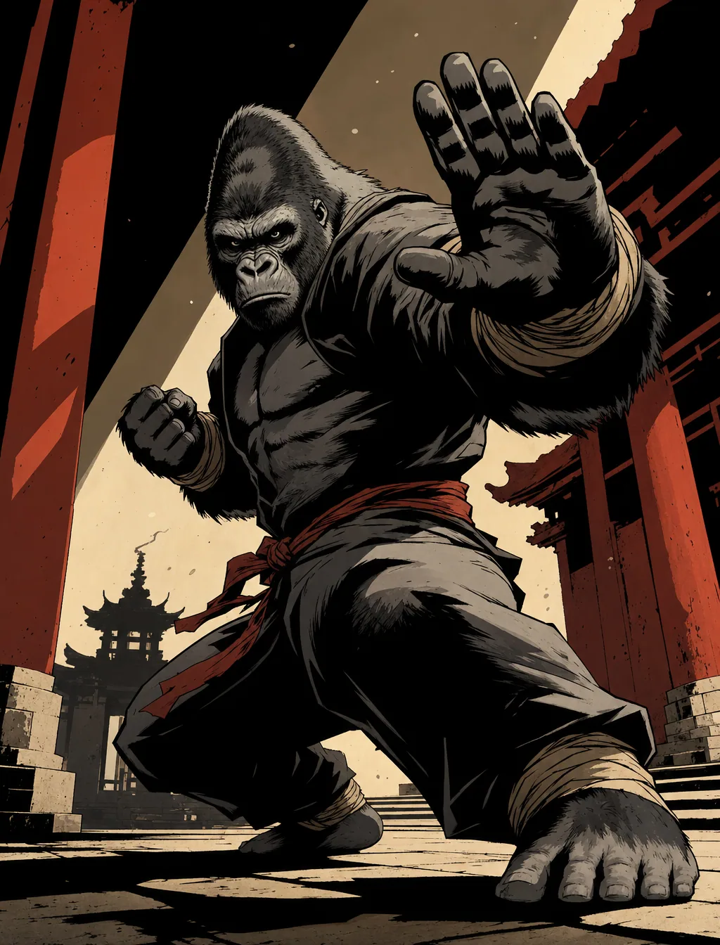 Graphic novel illustration featuring a powerful silverback gorilla in a dynamic Kung Fu stance. The art style… - AI提示词参考图，来自西西提示词