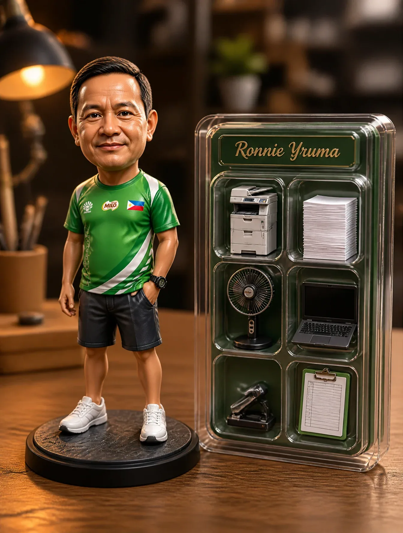 Premium 3D collectible figurine of [Person Character], stylized semi-realistic designer toy aesthetic, slight… - AI提示词参考图，来自西西提示词