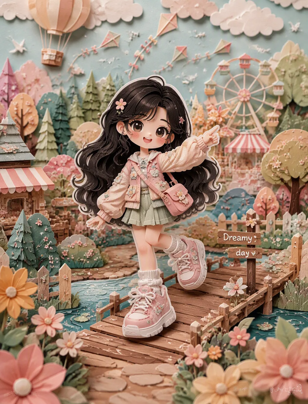 Cute layered paper-cut art style illustration of a chibi girl with big expressive eyes and long wavy black ha… - AI提示词参考图，来自西西提示词