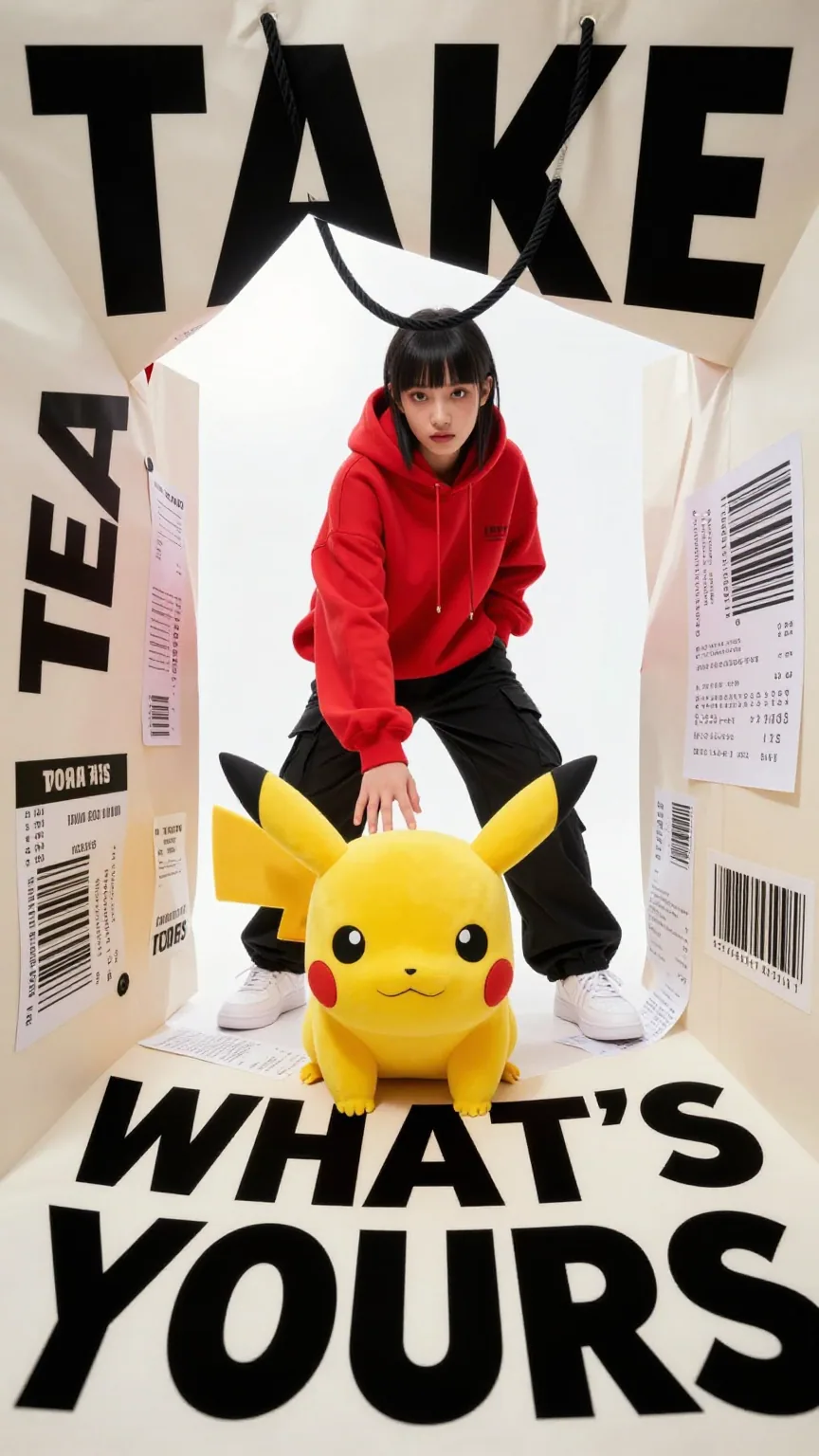 A premium 9:16 streetwear editorial advertising poster.Main Subject:PIKACHU POKEMON looking down into a giant… - AI提示词参考图，来自西西提示词