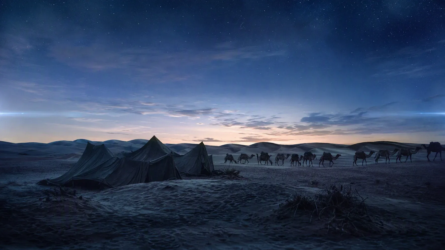 Documentary landscape photography capturing an ancient desert caravan at dusk. A cluster of weathered canvas … - AI提示词参考图，来自西西提示词