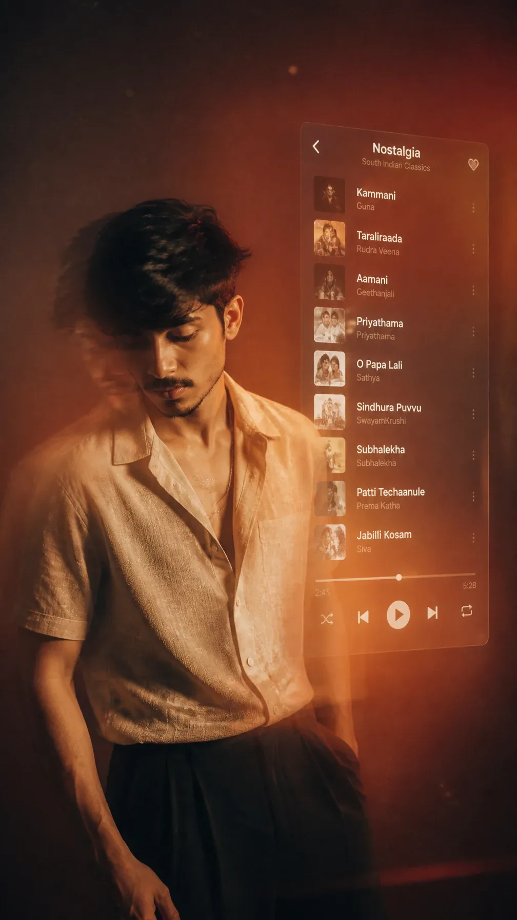 A cinematic, music-inspired editorial portrait of a handsome young Indian man standing against a warm burnt-r… - AI prompt reference from CC Prompt Galaxy