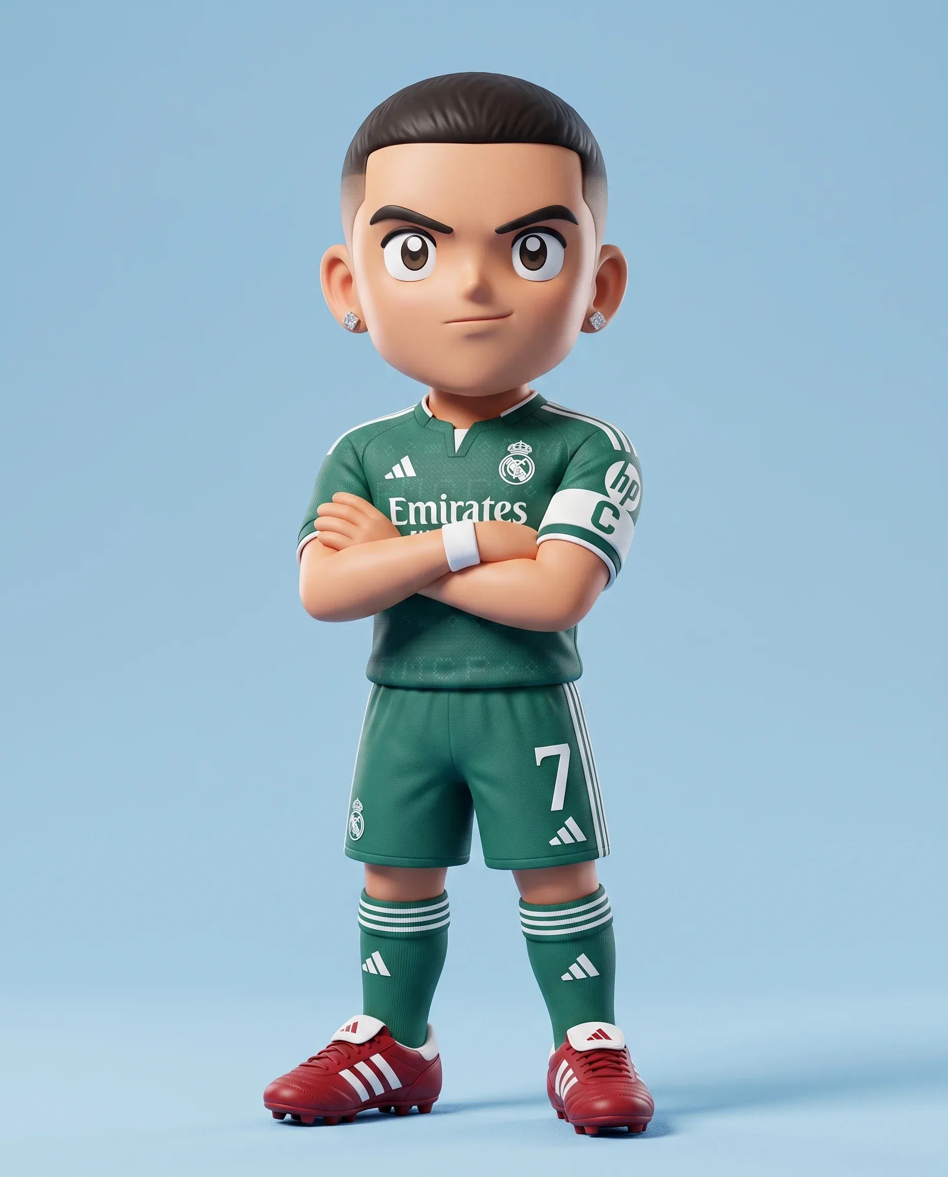 3D rendered caricature figurine of oliver atom supercampeones, big head chibi style, wearing green real madri… - AI提示词参考图，来自西西提示词