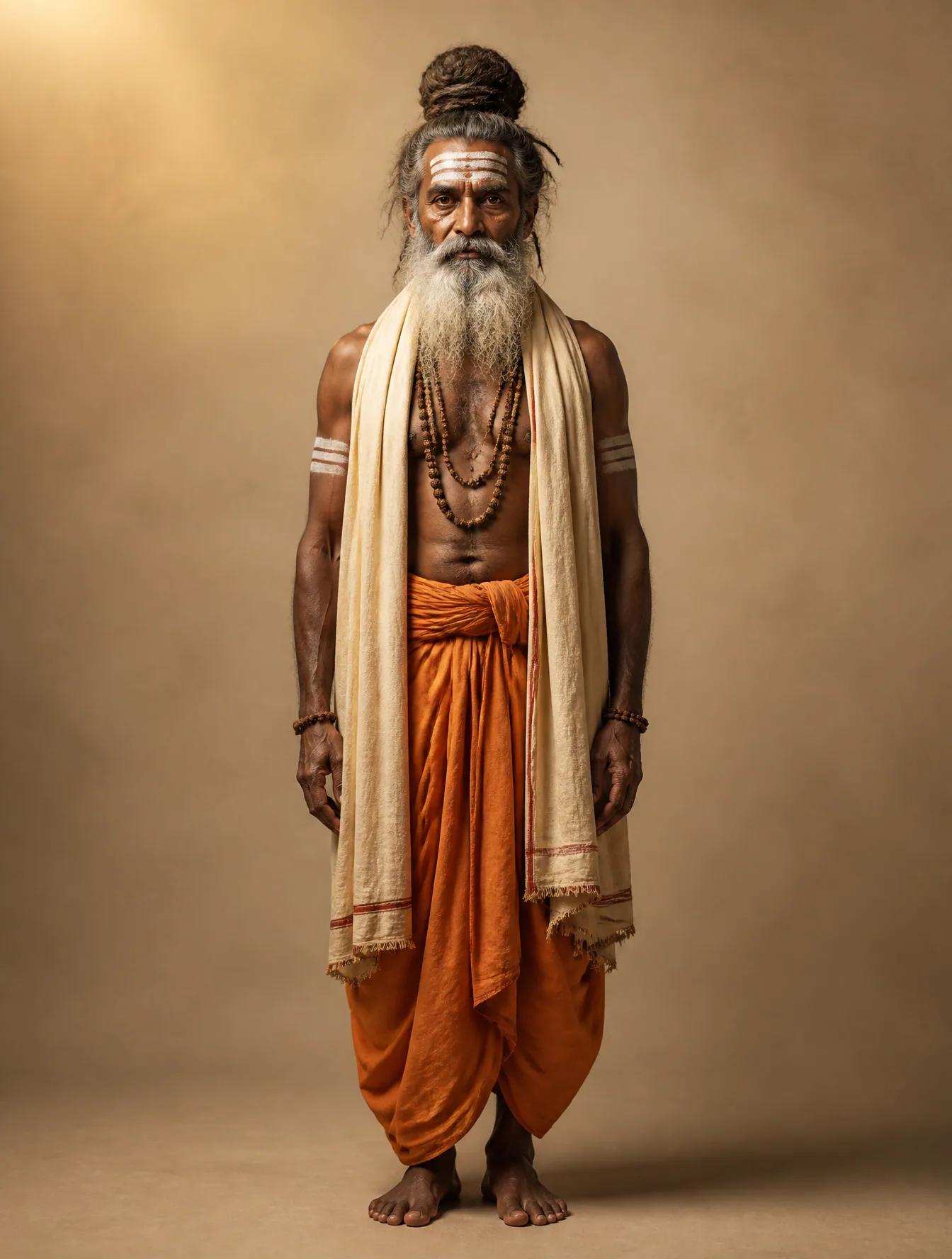 A dignified Hindu ascetic stands barefoot in a frontal full-body portrait, gazing directly at the camera with… - AI提示词参考图，来自西西提示词