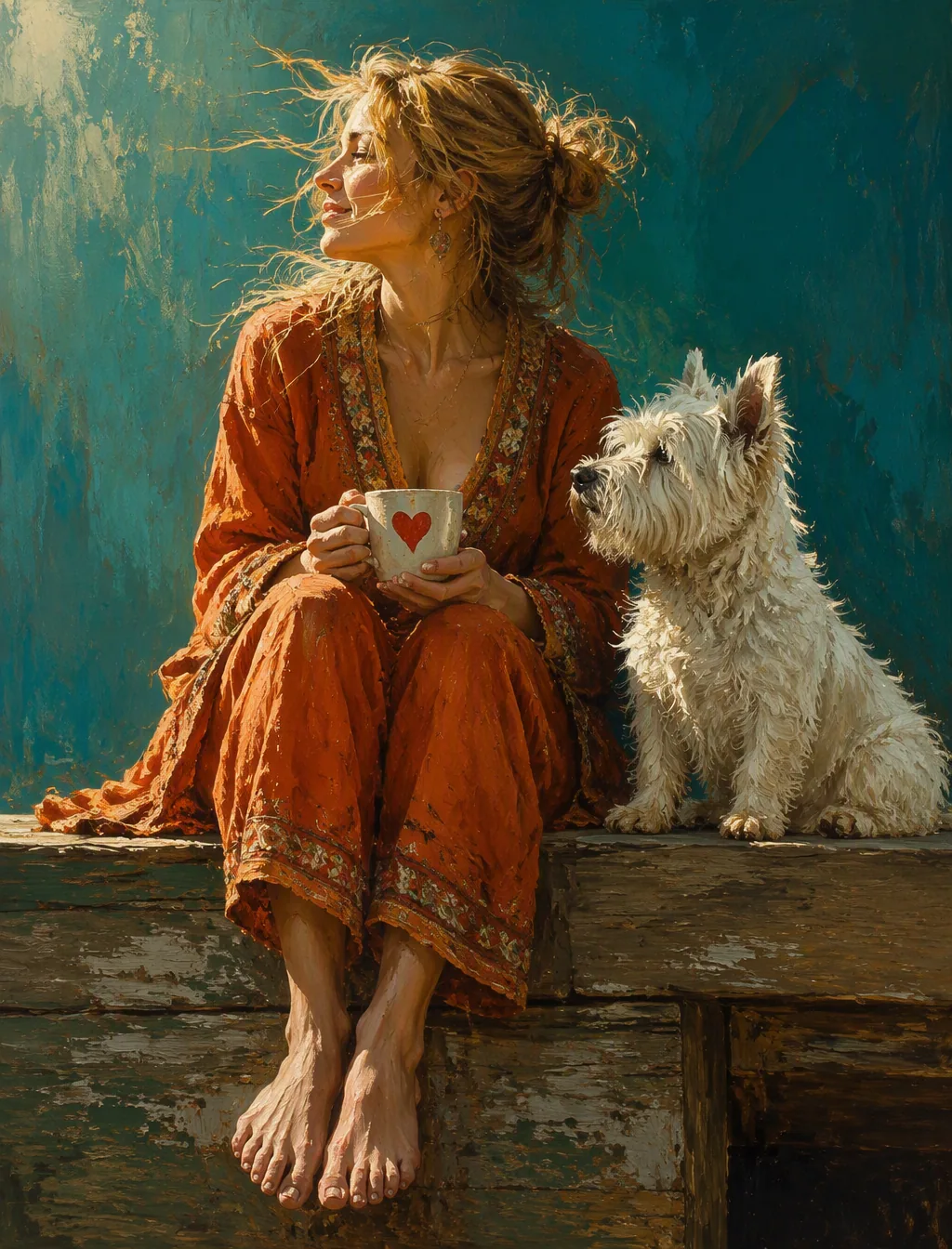 A young woman sits barefoot on a weathered wooden ledge, holding a white ceramic mug marked with a red heart … - AI prompt reference from CC Prompt Galaxy