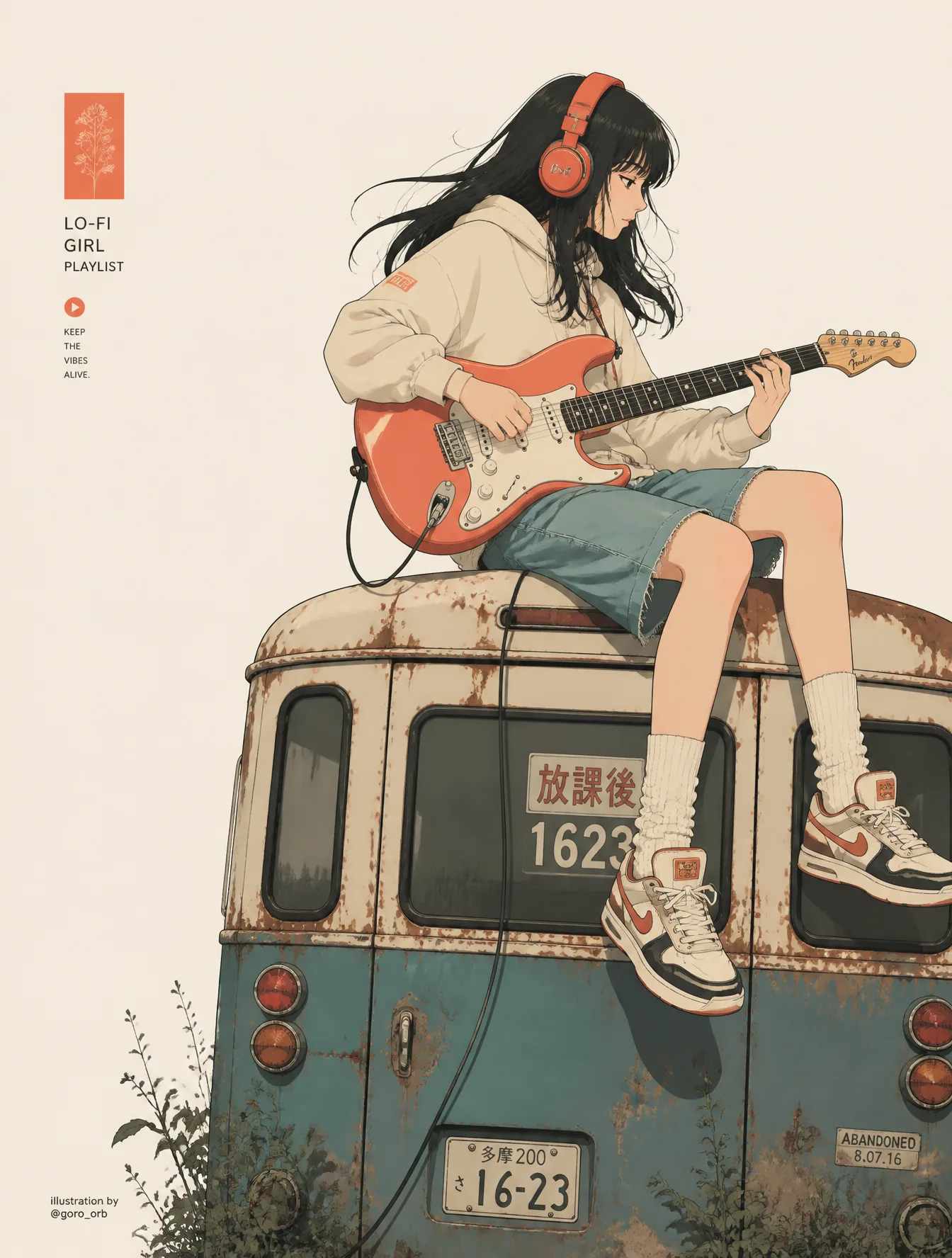 Minimalist anime-style illustration of a stylish teenage girl sitting on the back of an abandoned old bus, pl… - AI提示词参考图，来自西西提示词