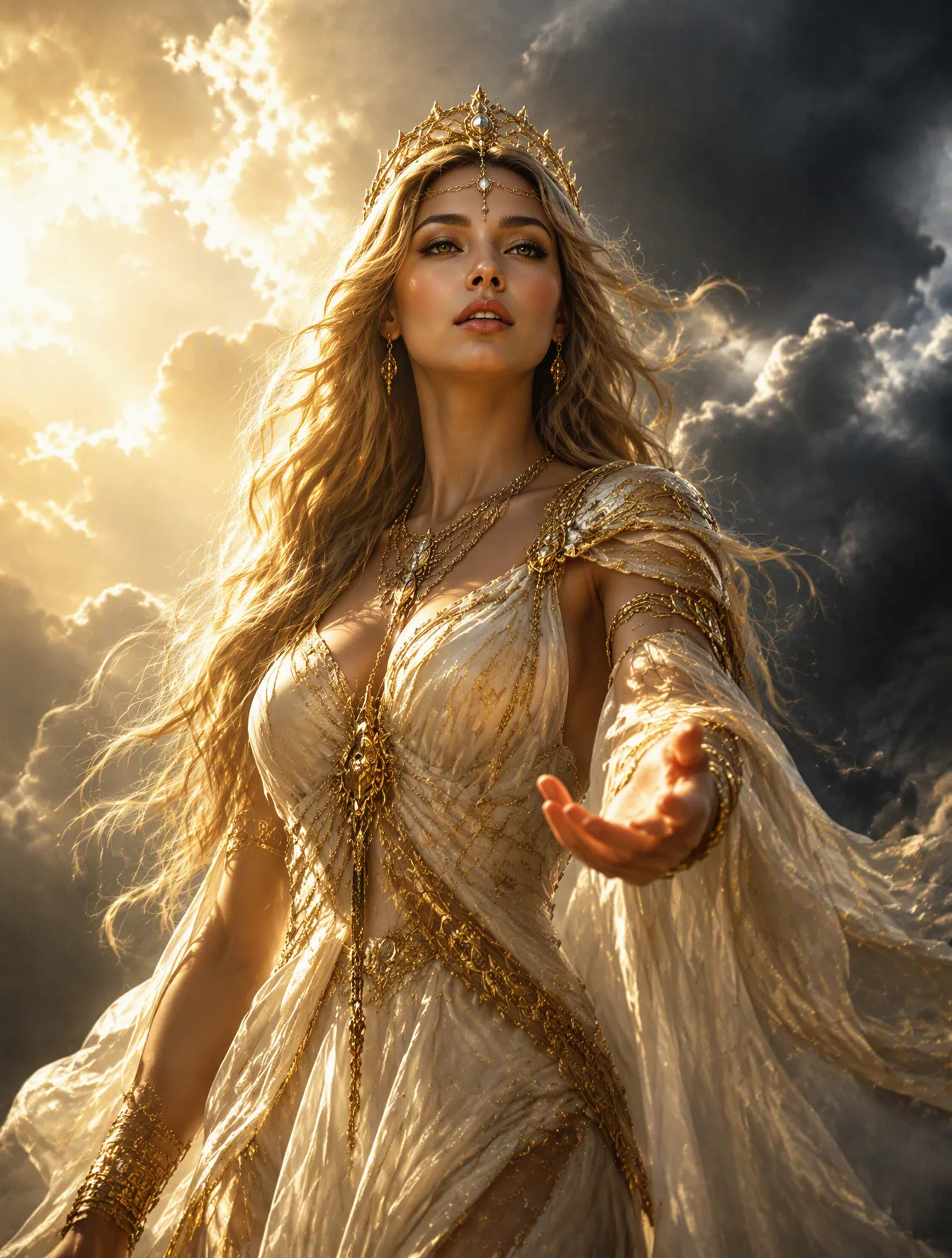 Create an image of A tall, ethereal woman with long flowing blonde hair stands against a cloudy, dramatic sky… - AI prompt reference from CC Prompt Galaxy