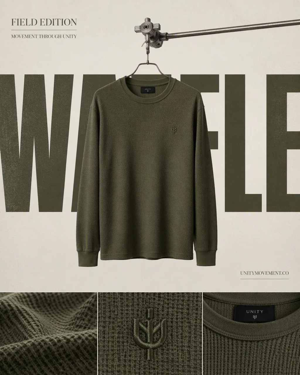 A structured apparel ad. The product (the olive green waffle longsleeve) is presented clean and central, hung… - AI提示词参考图,来自西西提示词