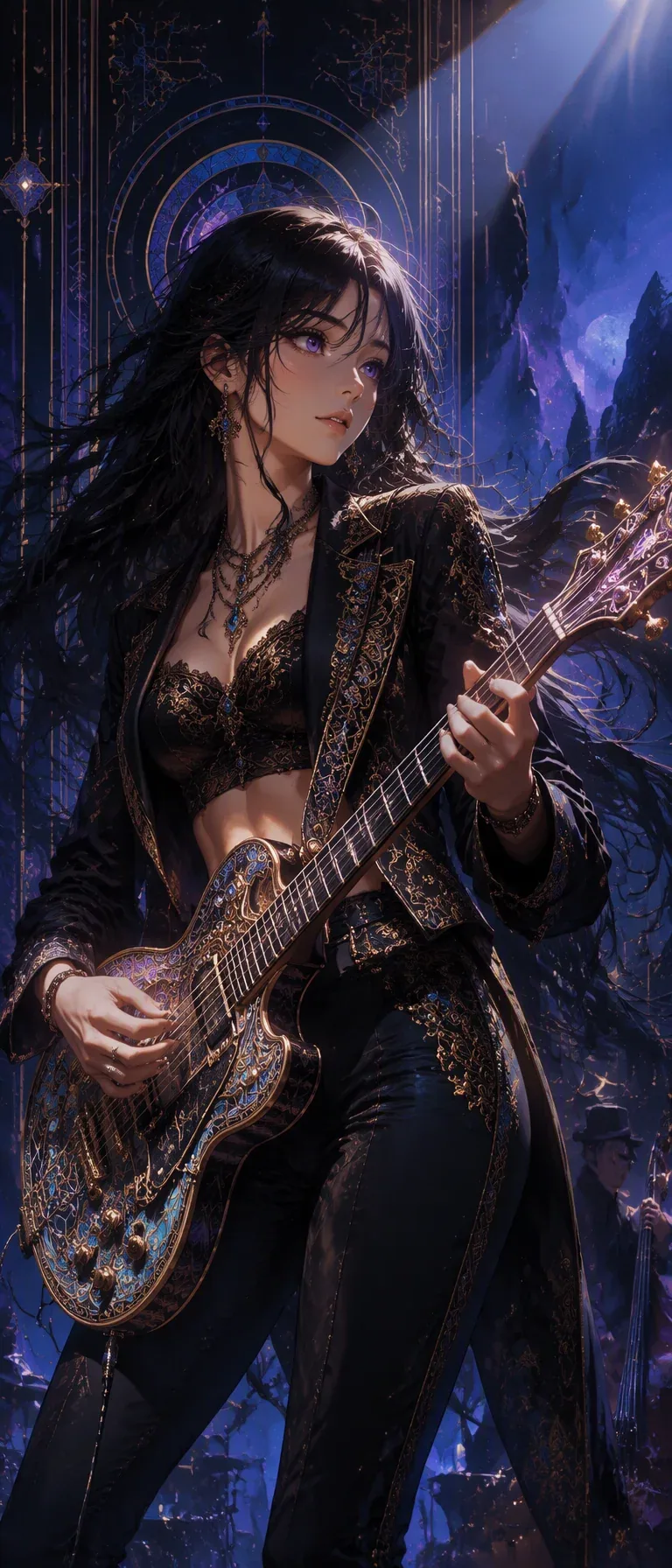 A highly detailed, anime-style digital illustration of a female lead guitarist in a dynamic, evocative pose, … - AI prompt reference from CC Prompt Galaxy