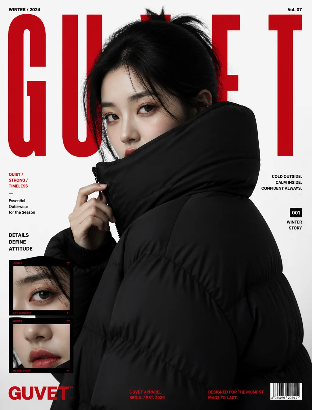 A bold fashion editorial poster featuring a young woman model in a close-up half-body portrait, wrapped in an… - AI提示词参考图，来自西西提示词