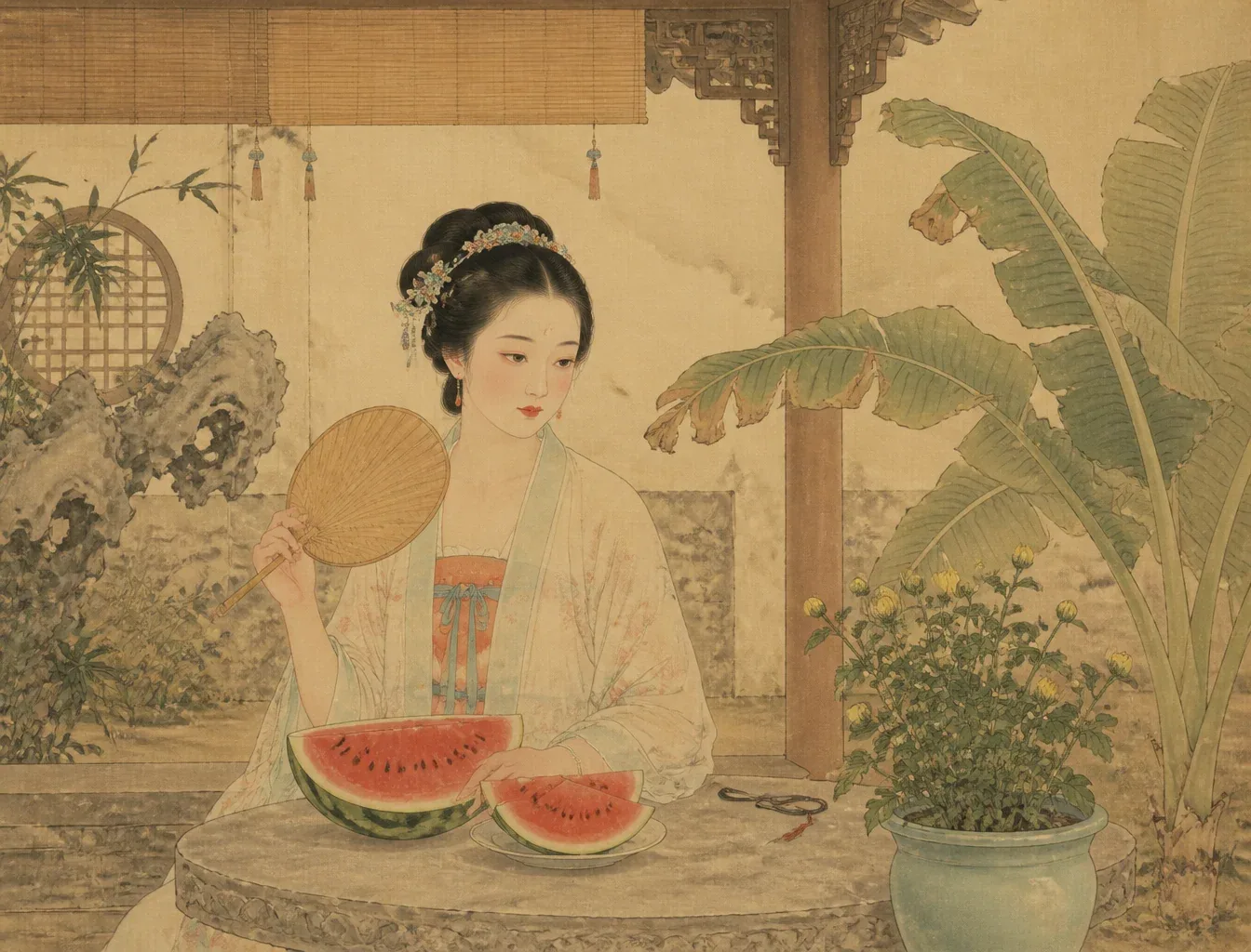 中国工笔人物插画，细线勾勒，平涂设色，绢本米黄底色，午后庭院里暑气蒸腾，石桌上搁着切开的红瓤西瓜和一把旧蒲扇，檐下青瓷盆中一丛秋菊悄然打起花苞，芭蕉叶在烈日下微微卷边，暑热与秋意同框交叠，正面中景构图，绢本质感 - AI提示词参考图，来自西西提示词