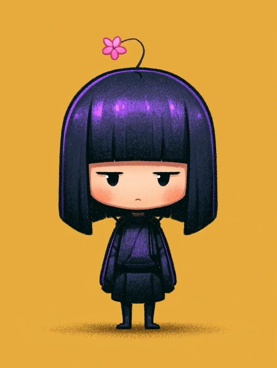 A stylized chibi character floats front-facing against a solid golden-yellow background, its oversized pale p… - AI提示词参考图，来自西西提示词