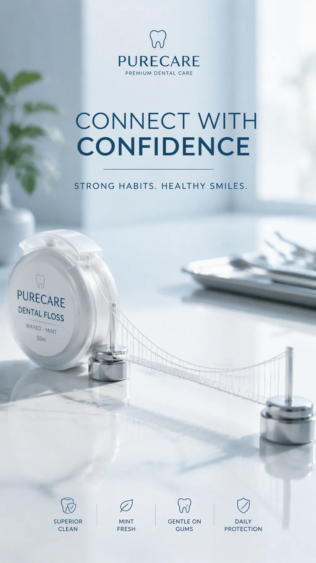 Premium 4:5 advertising poster for a premium dental-care brand.A roll of dental floss placed on a clean white… - AI提示词参考图，来自西西提示词