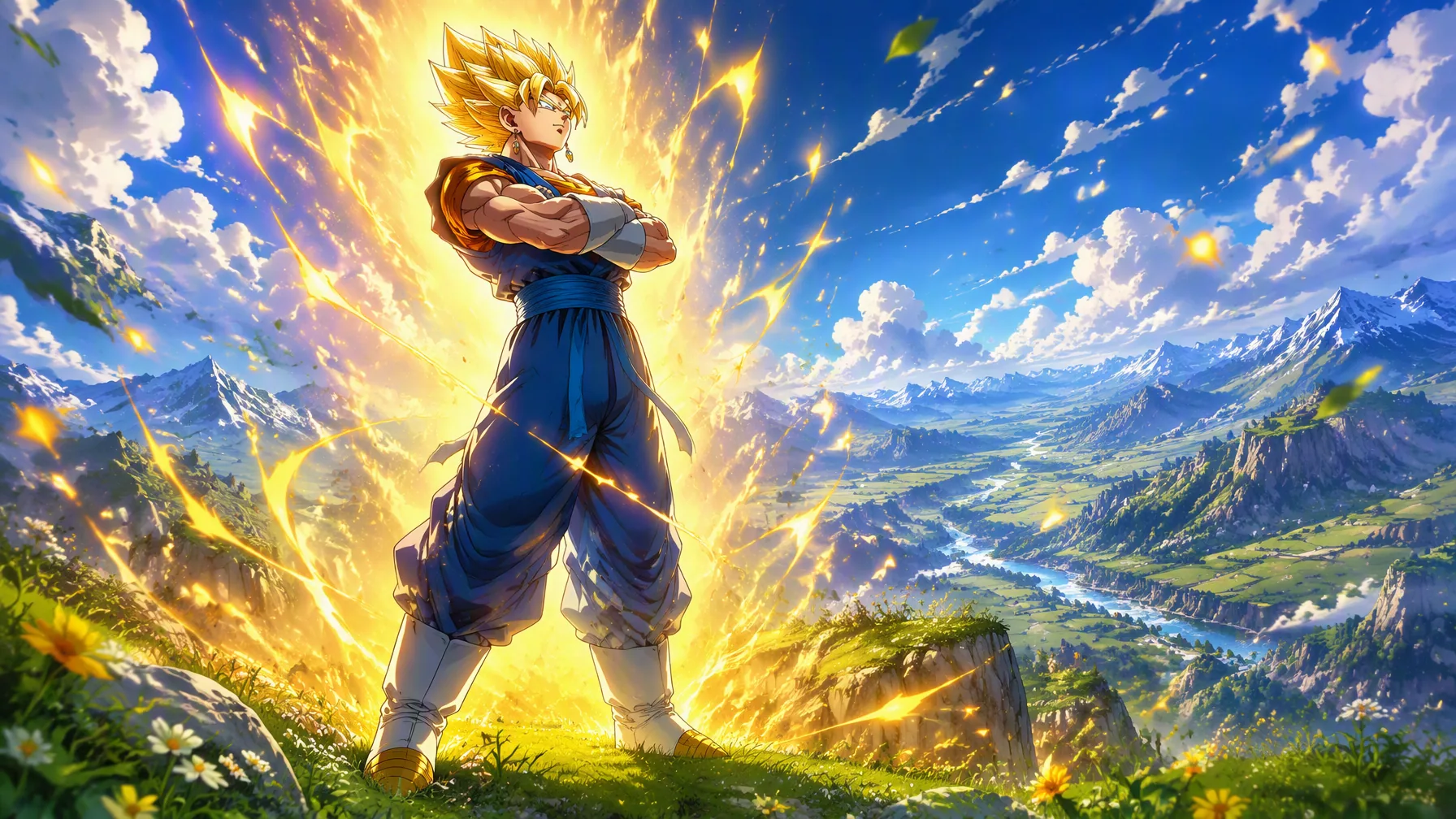 Subject and Action A powerful warrior with iconic spiky golden hair standing in a proud, confident pose, arms… - AI提示词参考图，来自西西提示词