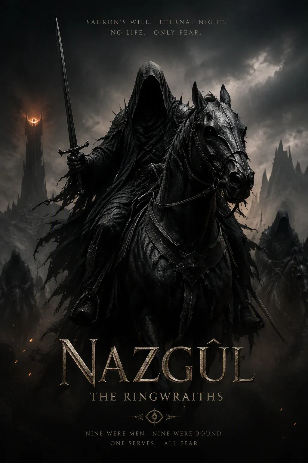 character poster for "The Nazgul, also known as the Ringwraiths, were Sauron’s slaves and his most powerful w… - AI prompt reference from CC Prompt Galaxy