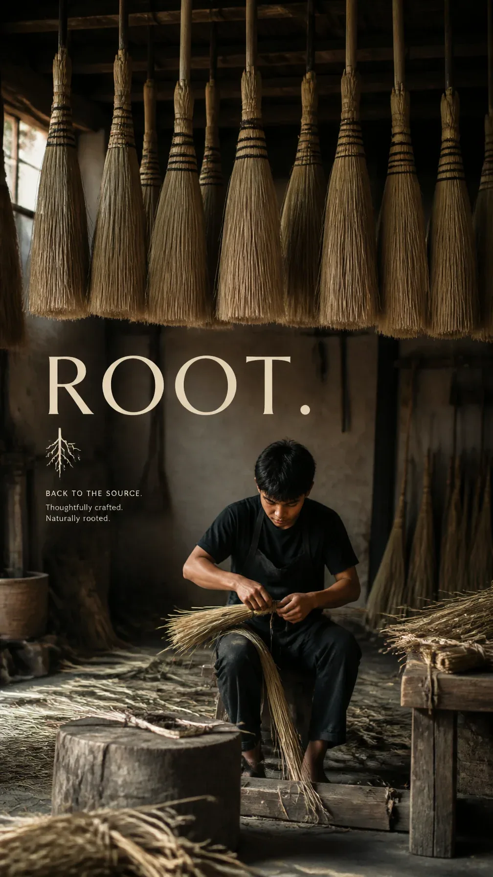 Premium editorial campaign.Main Subject: Young broom maker inside a traditional workshop.Creative Direction: … - AI提示词参考图，来自西西提示词