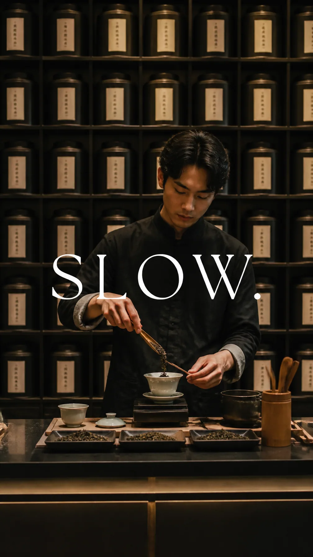 Premium editorial campaign.Main Subject: Young man inside a premium tea house.Creative Direction: Wall filled… - AI提示词参考图，来自西西提示词