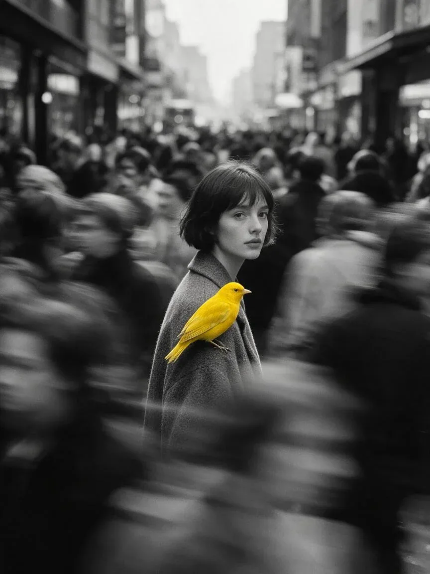 A young woman with a short dark bob stands nearly motionless in the center of a rushing city crowd, a vivid y… - AI prompt reference from CC Prompt Galaxy