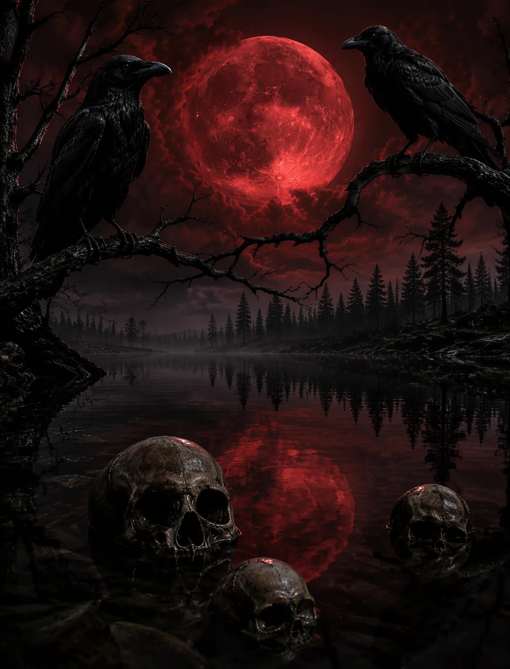 A 3D ultra-realistic dark and ominous scene set against a backdrop of a blood-red moon. In the foreground, tw… - AI prompt reference from CC Prompt Galaxy
