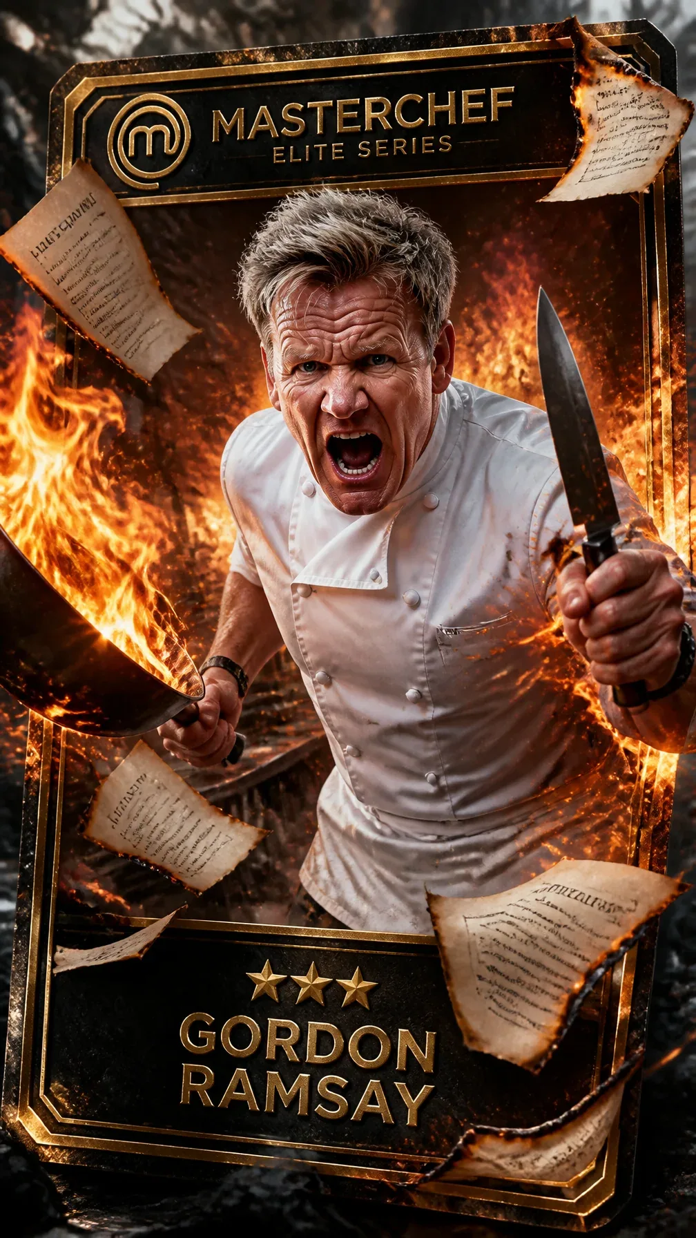 A hyper-realistic, cinematic illustration of a furious master chef mid-action, exploding out of a flaming Mas… - AI提示词参考图，来自西西提示词