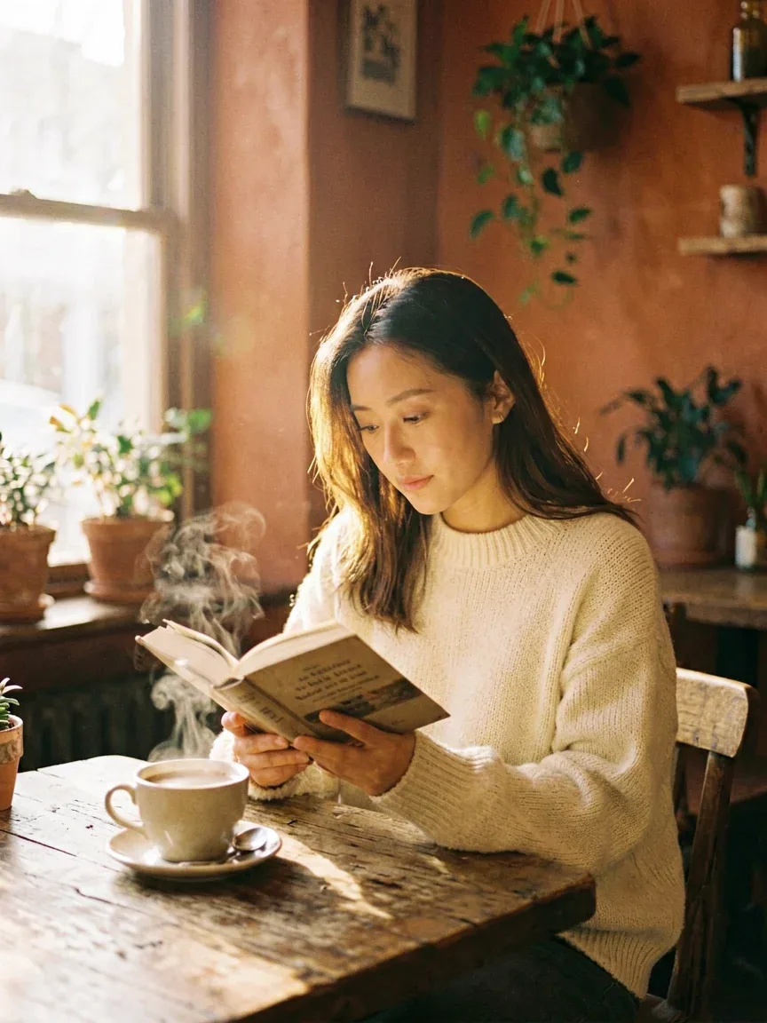Warm cozy lifestyle photograph of a young woman with soft natural makeup reading a hardcover book in a sunlit… - AI提示词参考图，来自西西提示词