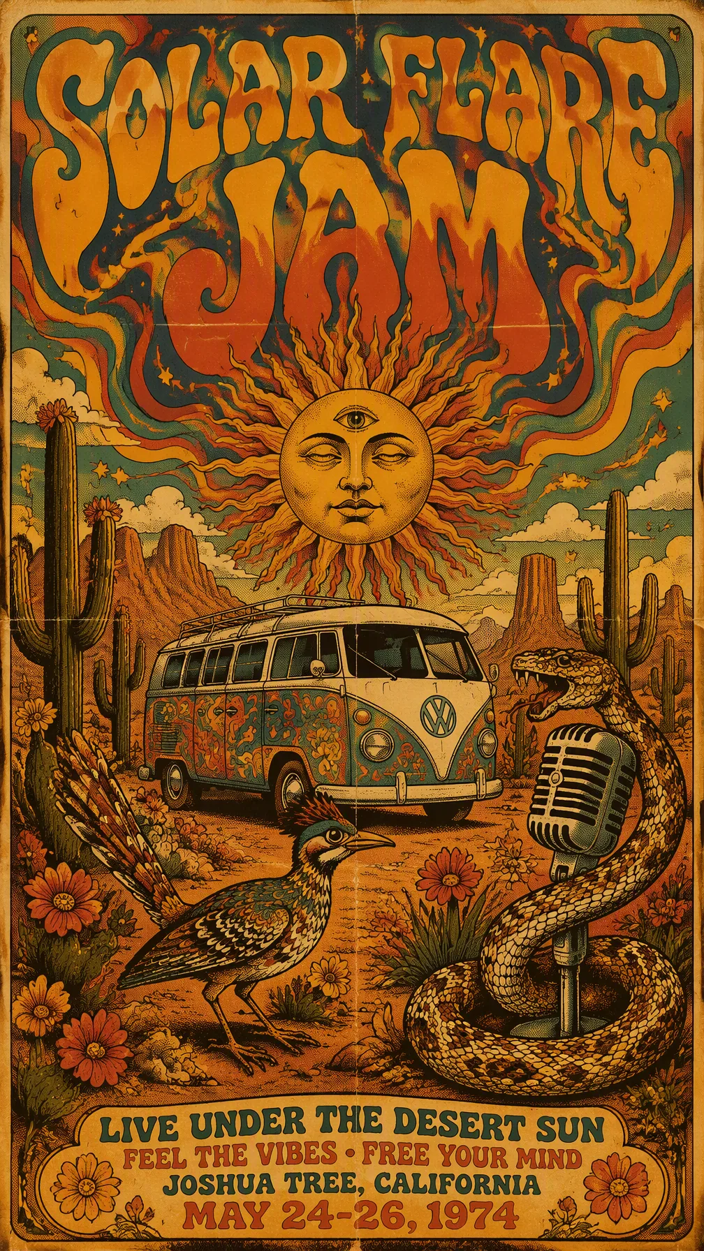 A psychedelic 1970s style music poster featuring a majestic desert landscape under a trippy, swirling sky. A … - AI提示词参考图，来自西西提示词