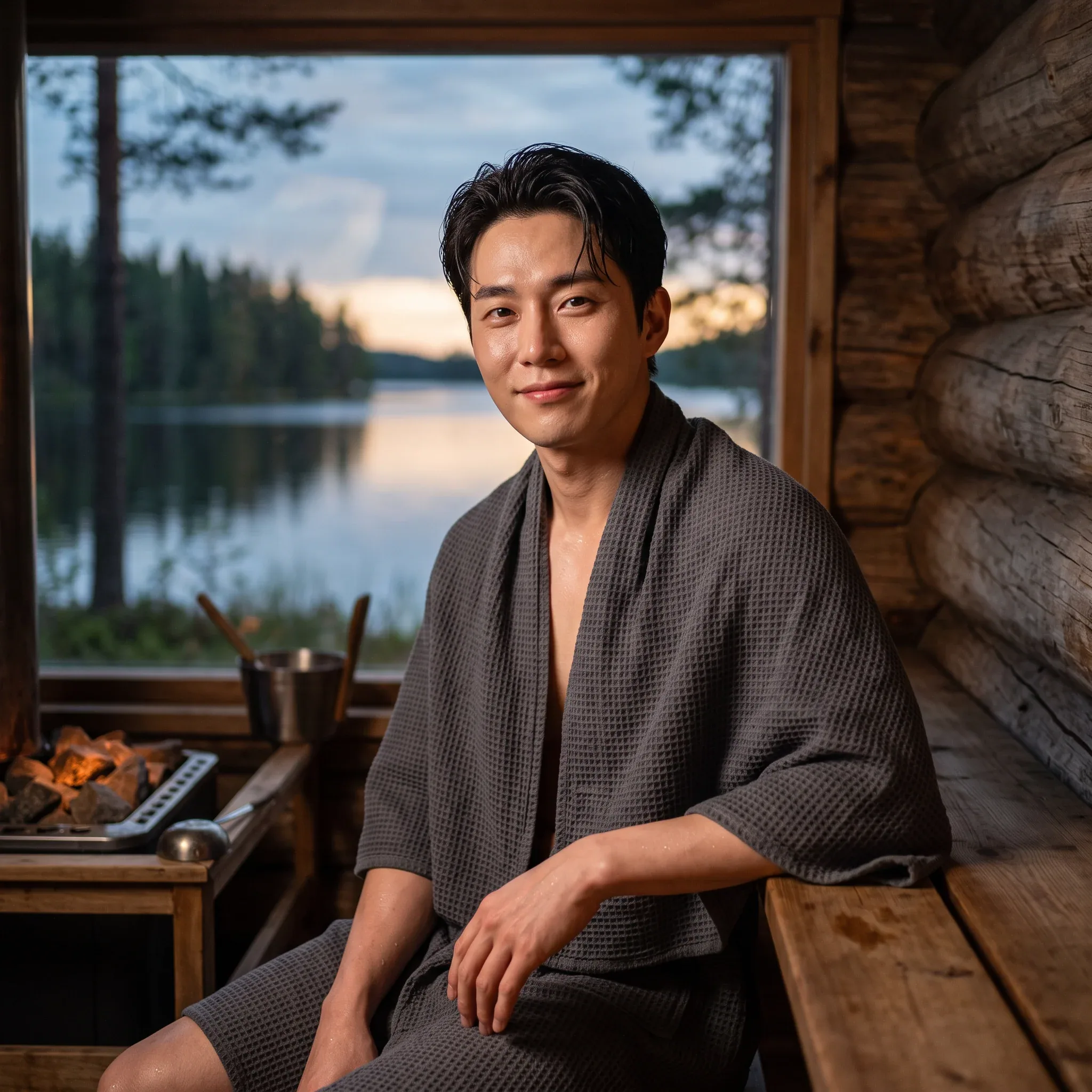 Ultra realistic portrait of a clean-shaven Korean pop idol, in a serene Finnish lakeside sauna at twilight, b… - AI提示词参考图，来自西西提示词