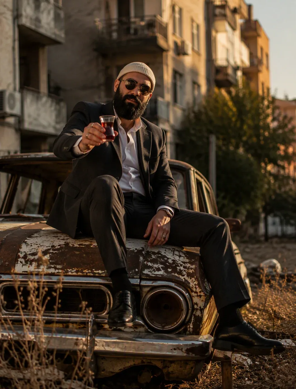 A bearded man in a cream ribbed beanie, round sunglasses, white shirt, and charcoal suit sits casually on the… - AI提示词参考图，来自西西提示词