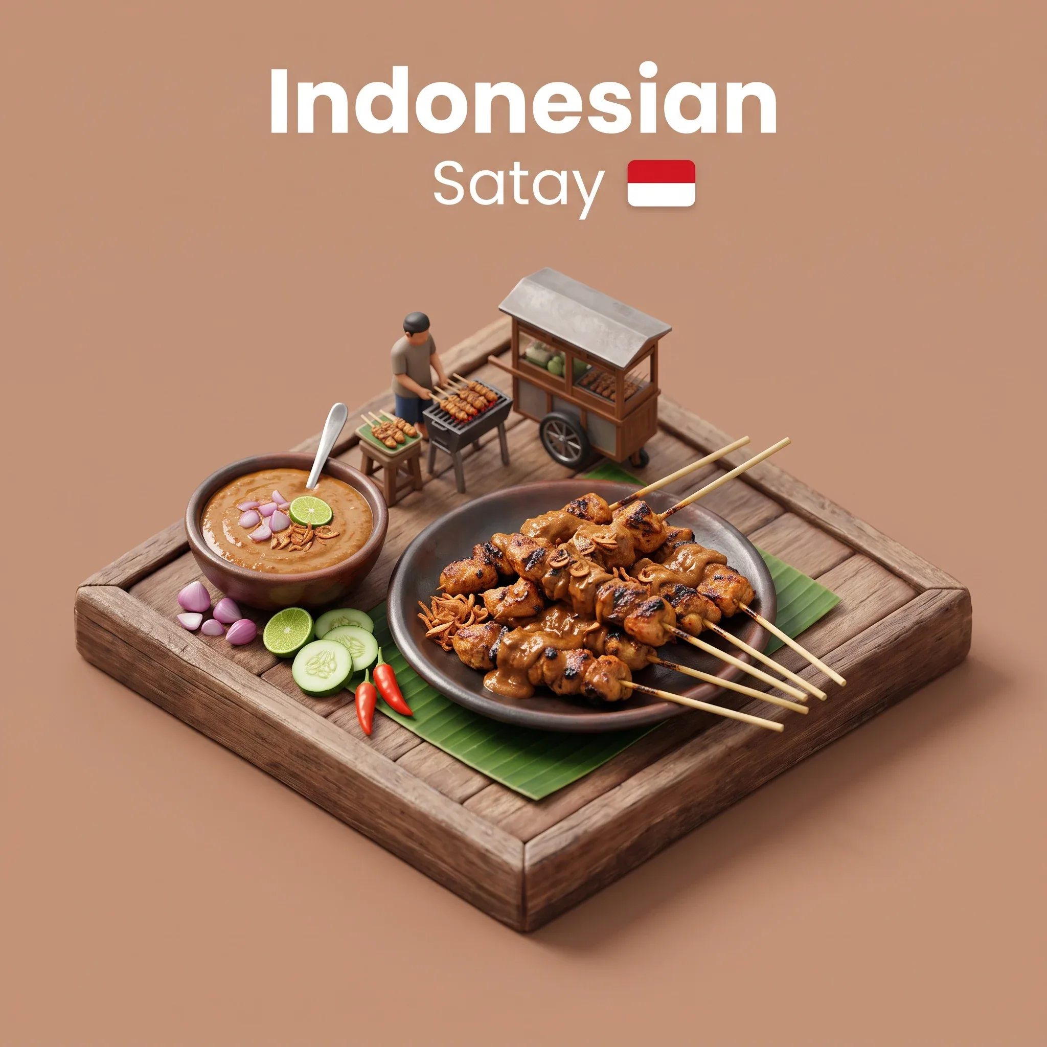Present a clear, 45° top-down isometric miniature 3D cartoon scene of Indonesian’s signature dish: Satay, wit… - AI prompt reference from CC Prompt Galaxy